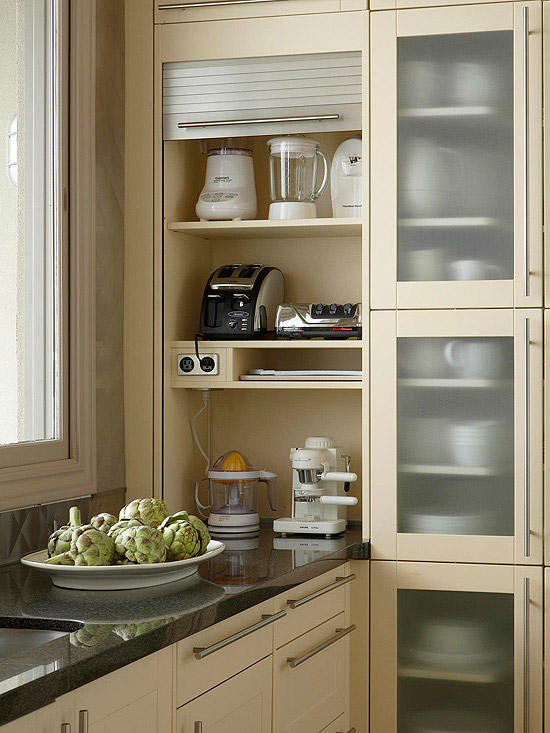 Appliance garages, pull-out shelves help organize kitchen