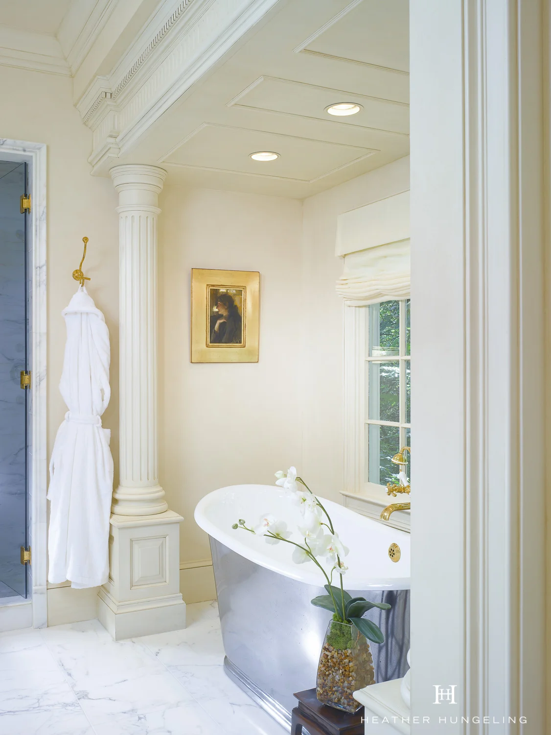 Clive Christian luxury bathroom with pewter freestanding tub.