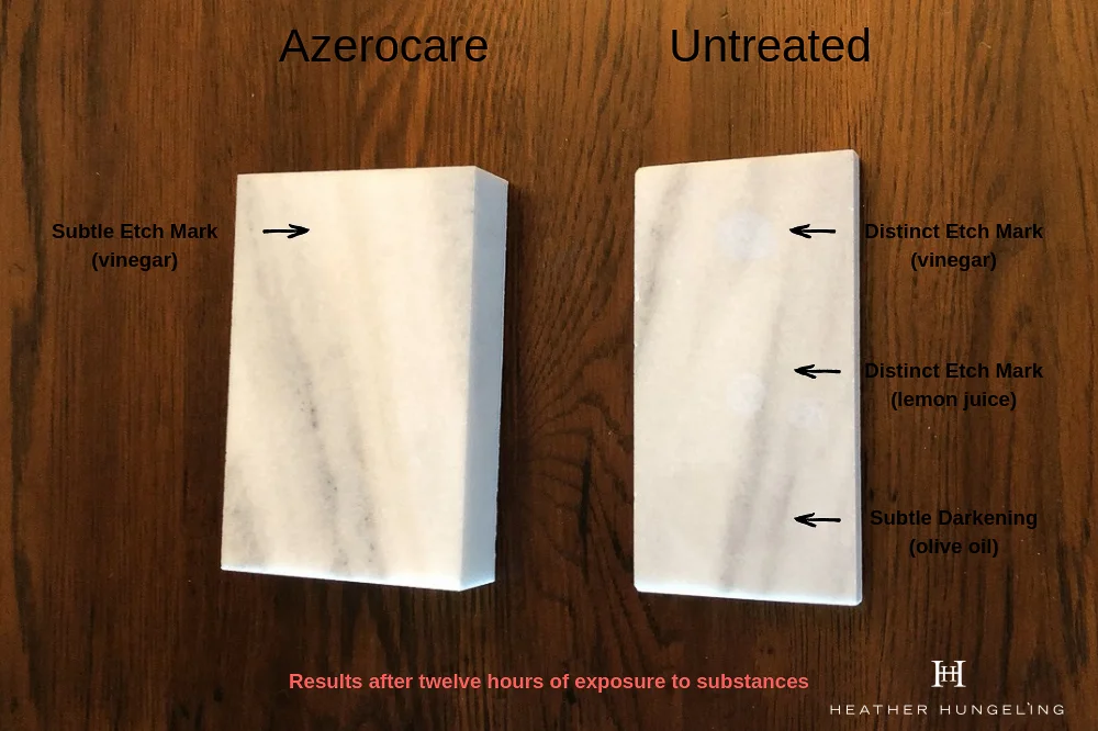 After twelve hours, the Azerocare treated marble resisted etching entirely from lemon juice. It also thoroughly resisted staining from the oil. However, a slight etch mark was detected from the vinegar. The Azerocare did repel the vinegar for several hours, and I believe even after twelve hours, it still minimized the damage - especially in comparison to the untreated marble sample. The results are still very promising for making it a practical option to use marble for kitchen countertops.