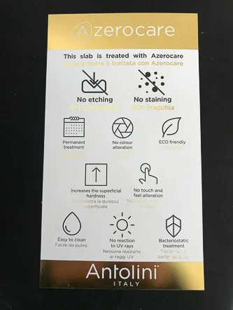 Antolini’s Azerocare marble for kitchen countertops. Just look for the distinctive gold tag when you go to your local distributor.