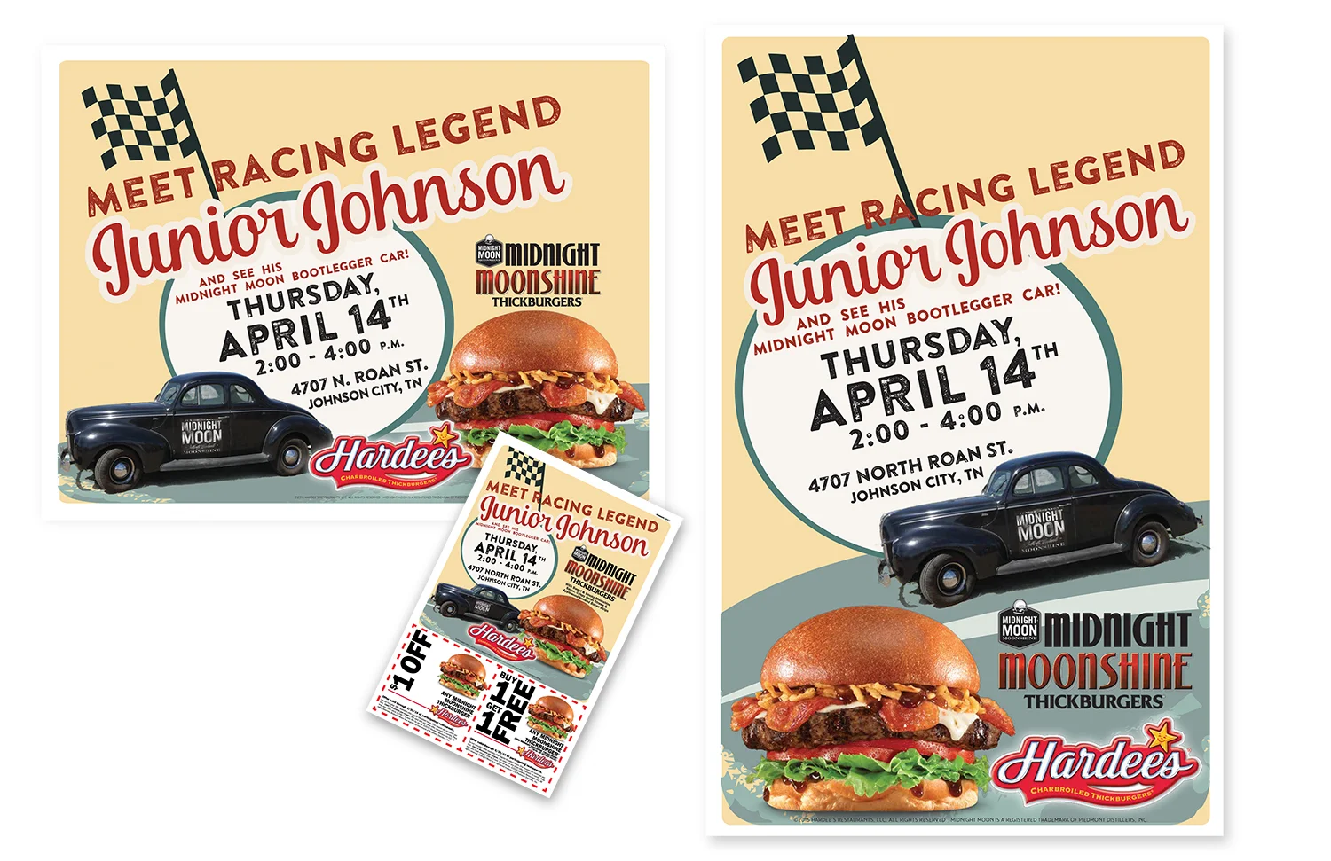  Promotional pieces for a series of appearances by Junior Johnson at various Hardee's restaurants. (The print run had black plate changes for the various locations.) 