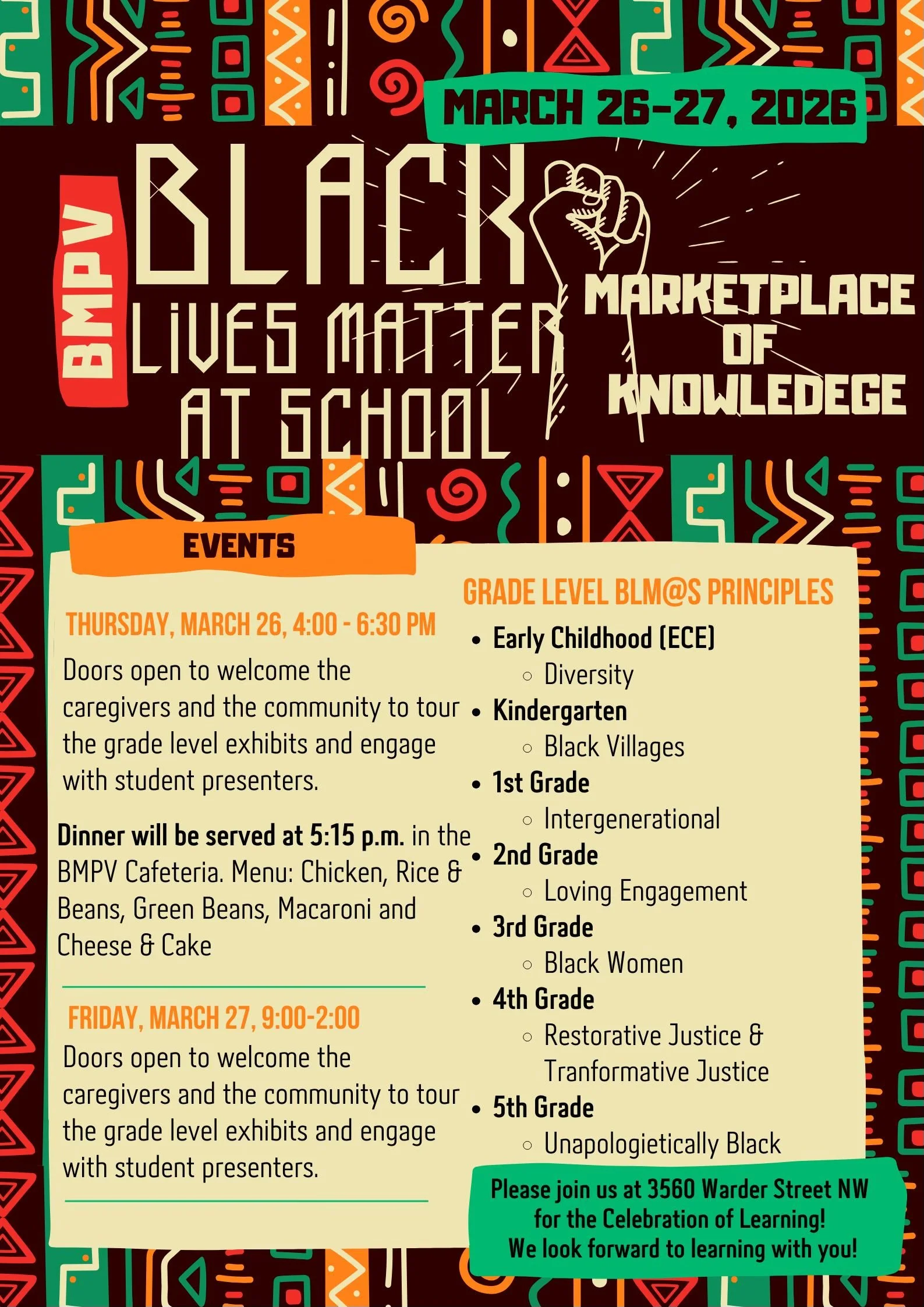 Colorful flier with a schedule for the schoolwide event