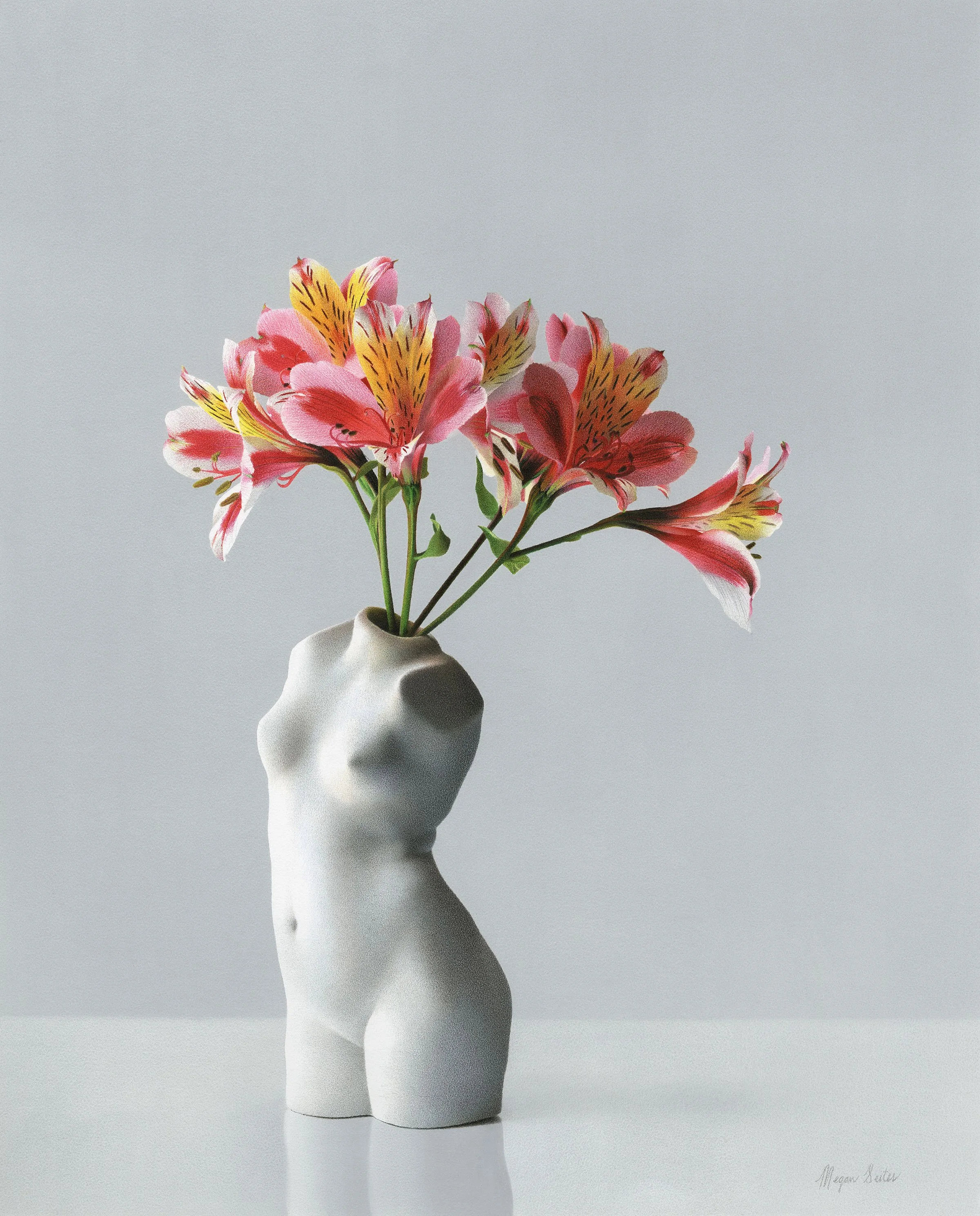 Hyperrealistic colored pencil drawing of pink and yellow alstroemeria in a white ceramic vase shaped like a female torso with soft light and detailed petals