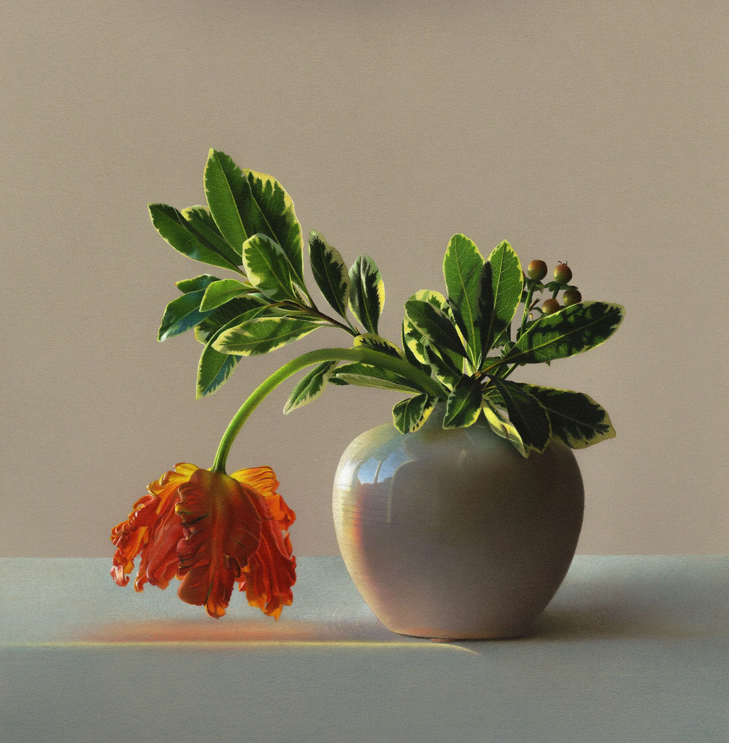 Hyperrealistic colored pencil drawing of an orange tulip with drooping petals in a white ceramic vase with variegated green leaves in warm late afternoon light