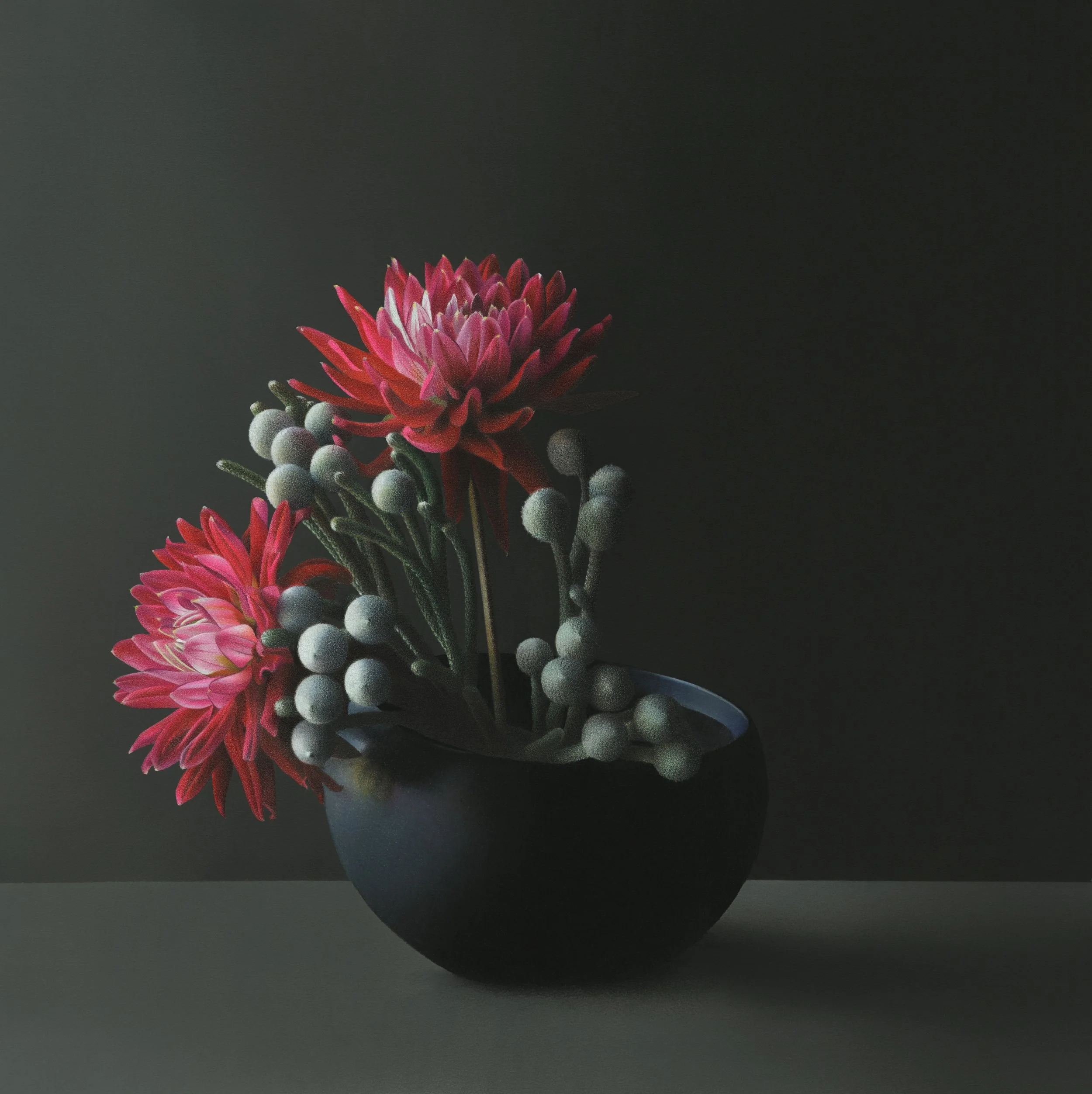 Hyperrealistic colored pencil drawing of two vibrant pink dahlias with silver brunia in a black bowl-shaped vase against a black background with dramatic directional lighting