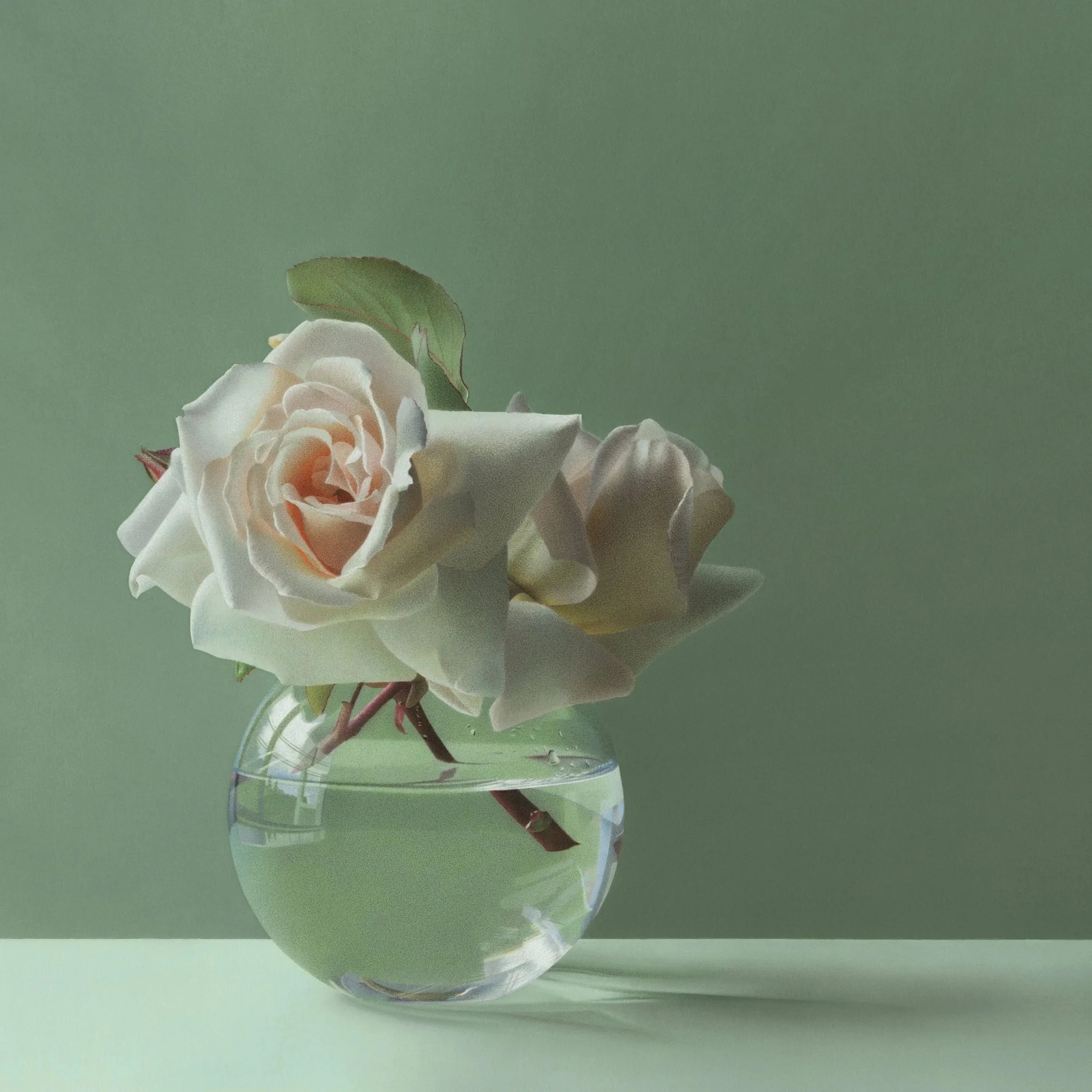 Hyperrealistic colored pencil drawing of white garden roses with soft peach centers in a bowl-shaped glass vase against a green background