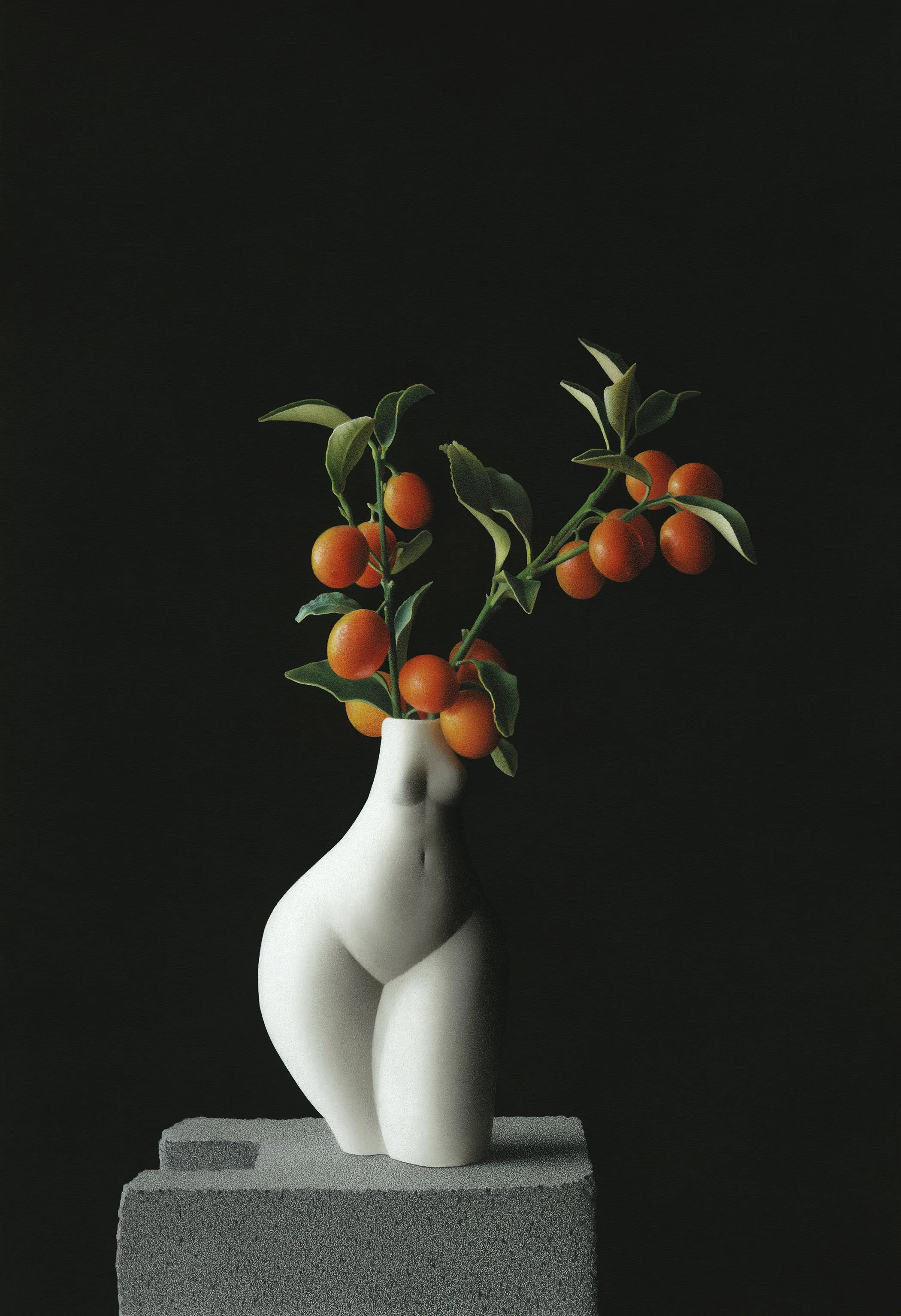 Hyperrealistic colored pencil drawing of two stems of orange kumquats with green leaves in a white ceramic vase shaped like a female torso, set on a brick against a black background