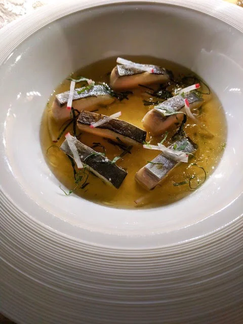 MACKERAL EN ESCABECHE kombu broth, radish and shiso