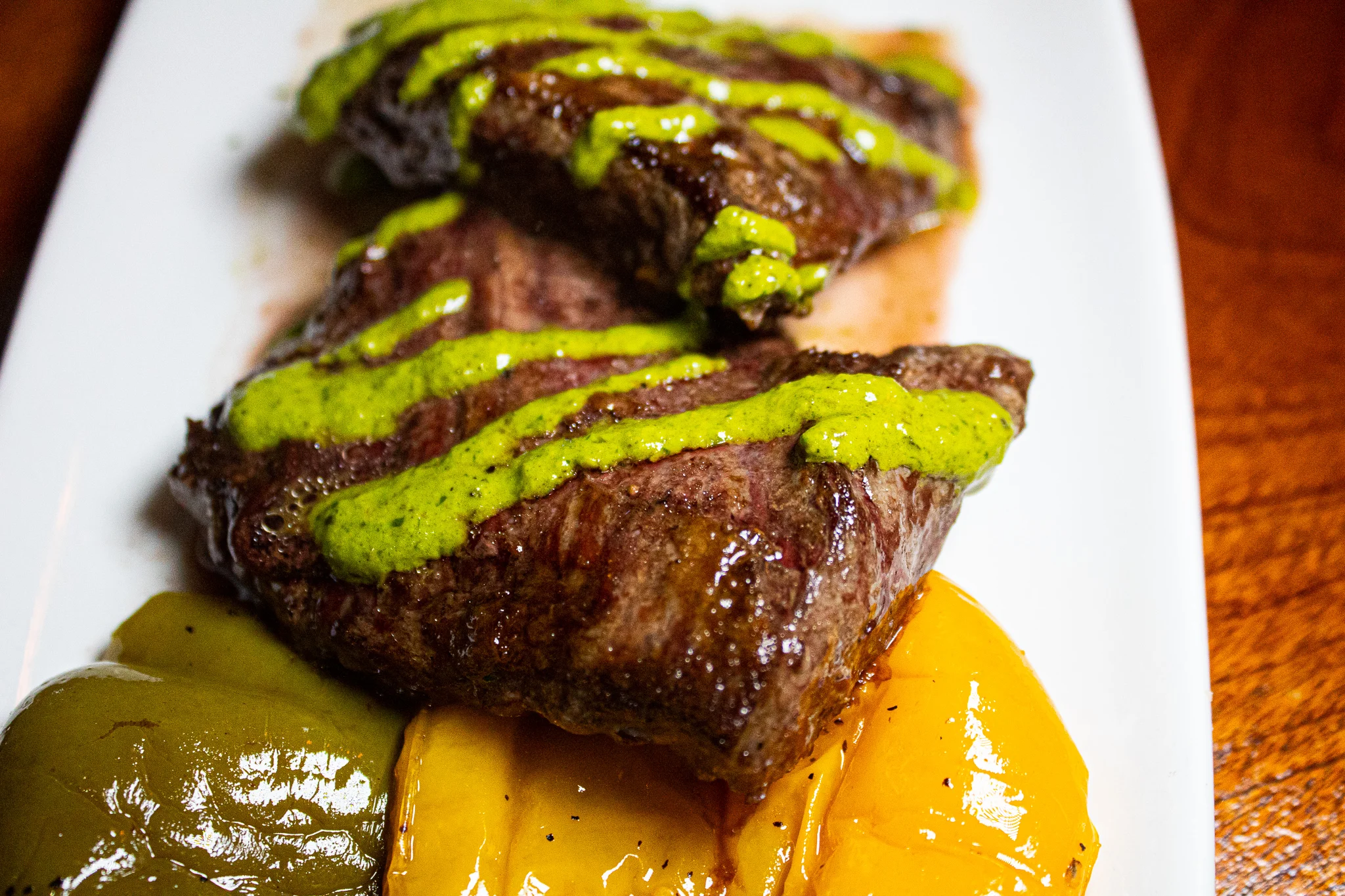 CHIMICHURRI SKIRT STEAK - Gorgonzola Mashed Potato & Mixed Peppers Relish