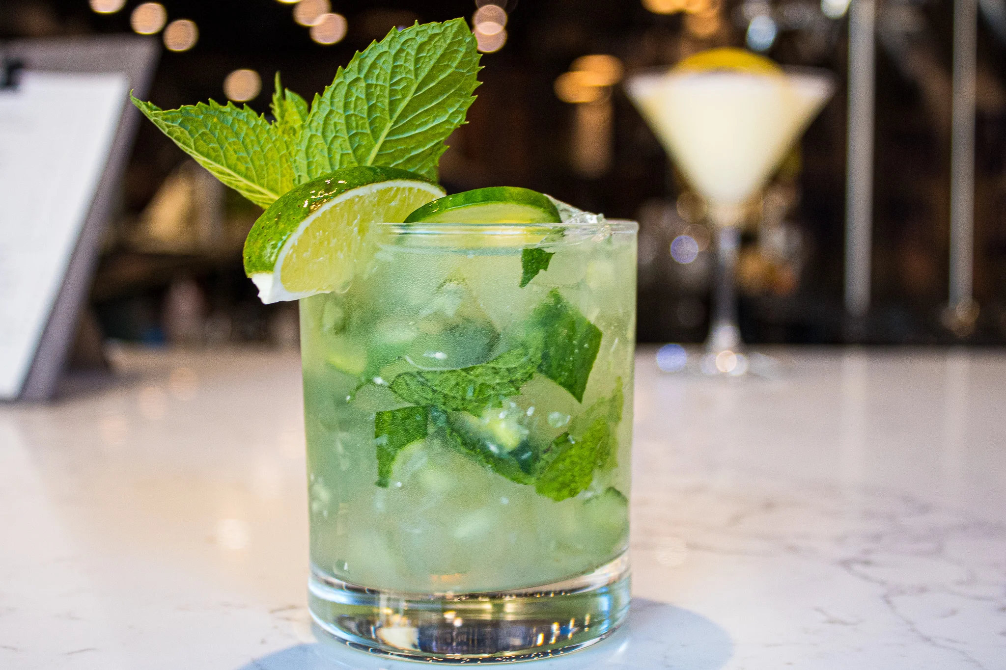 Fresh Evening - organic vodka, fresh squeezed lime juice , fresh cucumber, mint