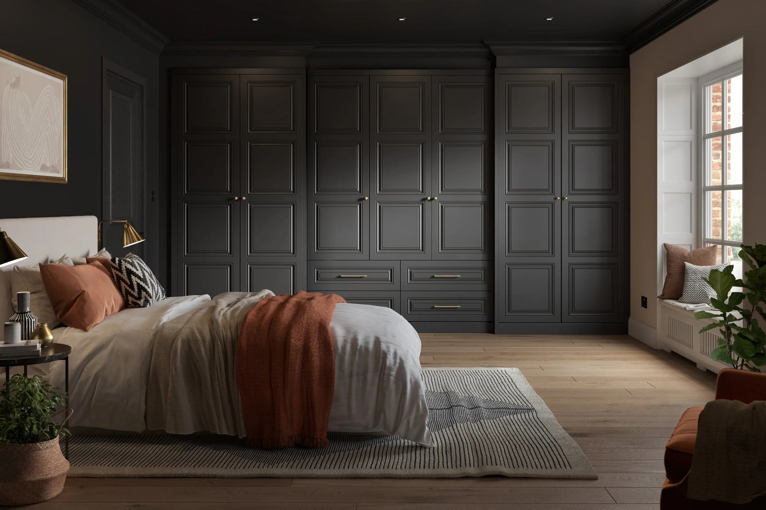 Bespoke fitted wardrobes in Sussex with shaker style doors and built-in bedroom storage
