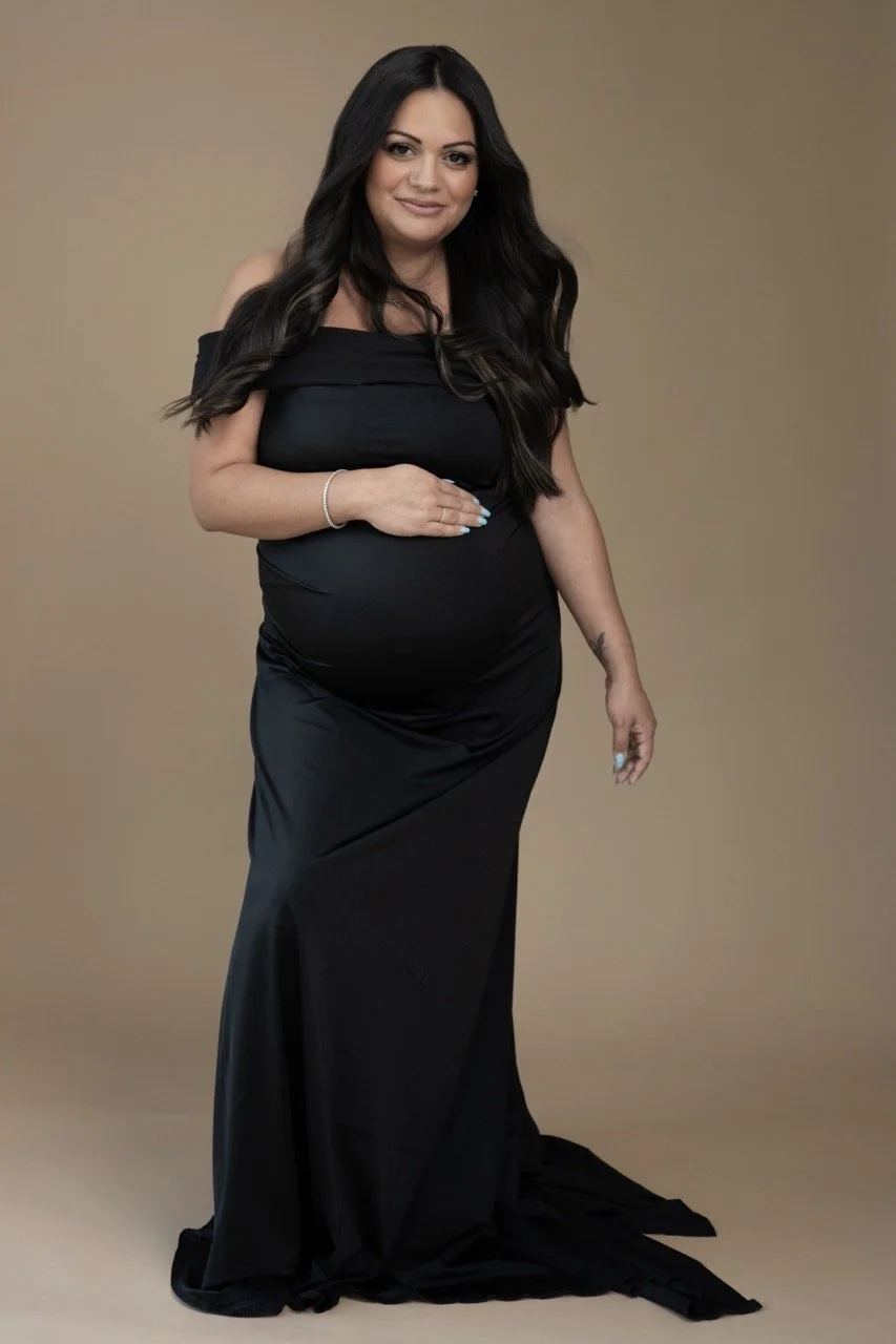 maternity shoot in elegant long black dress Lakeway, tx empowering maternity photos for women