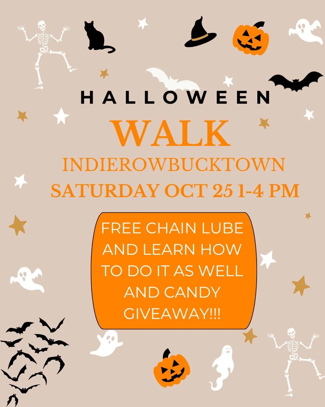 Join @indierowbucktown on our halloween walk this coming Saturday October 25!  BFF Bikes will be giving away free chain lube's and while we are at it we will show you how to do it!  Don't need a lube then stop by for a halloween treat!!!

#shoplocal 