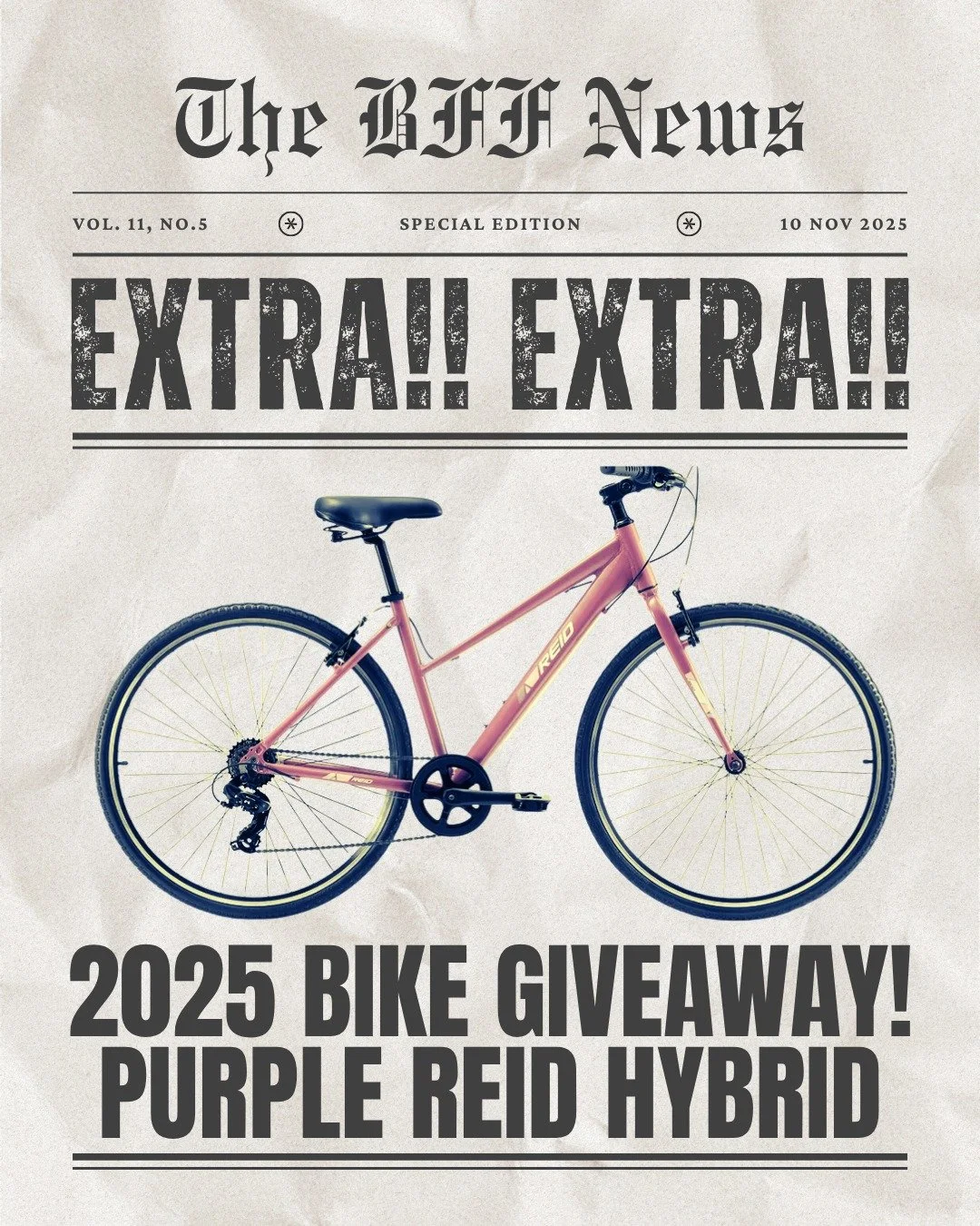 Here are the rules!

1.  Make a donation to my Breakthrough T1D fundraiser (funding research to find a cure for T1 Diabetes). http://www2.breakthrought1d.org/goto/Gillian
2. Write a note and send to hello@bffbikes.com  with the subject Bike Giveaway 