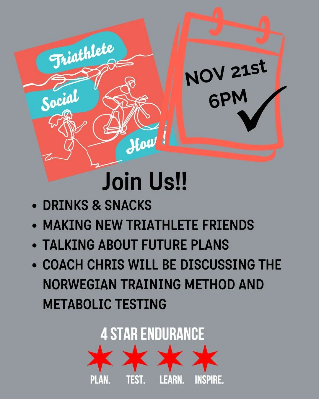 Join us this Friday for our 11th social hour!  Come to the store have some snacks and chat with other triathletes! 

We will also have Coach Chris chatting about the Norwegian method of training and metabolic testing! 

We are also happy to answer an
