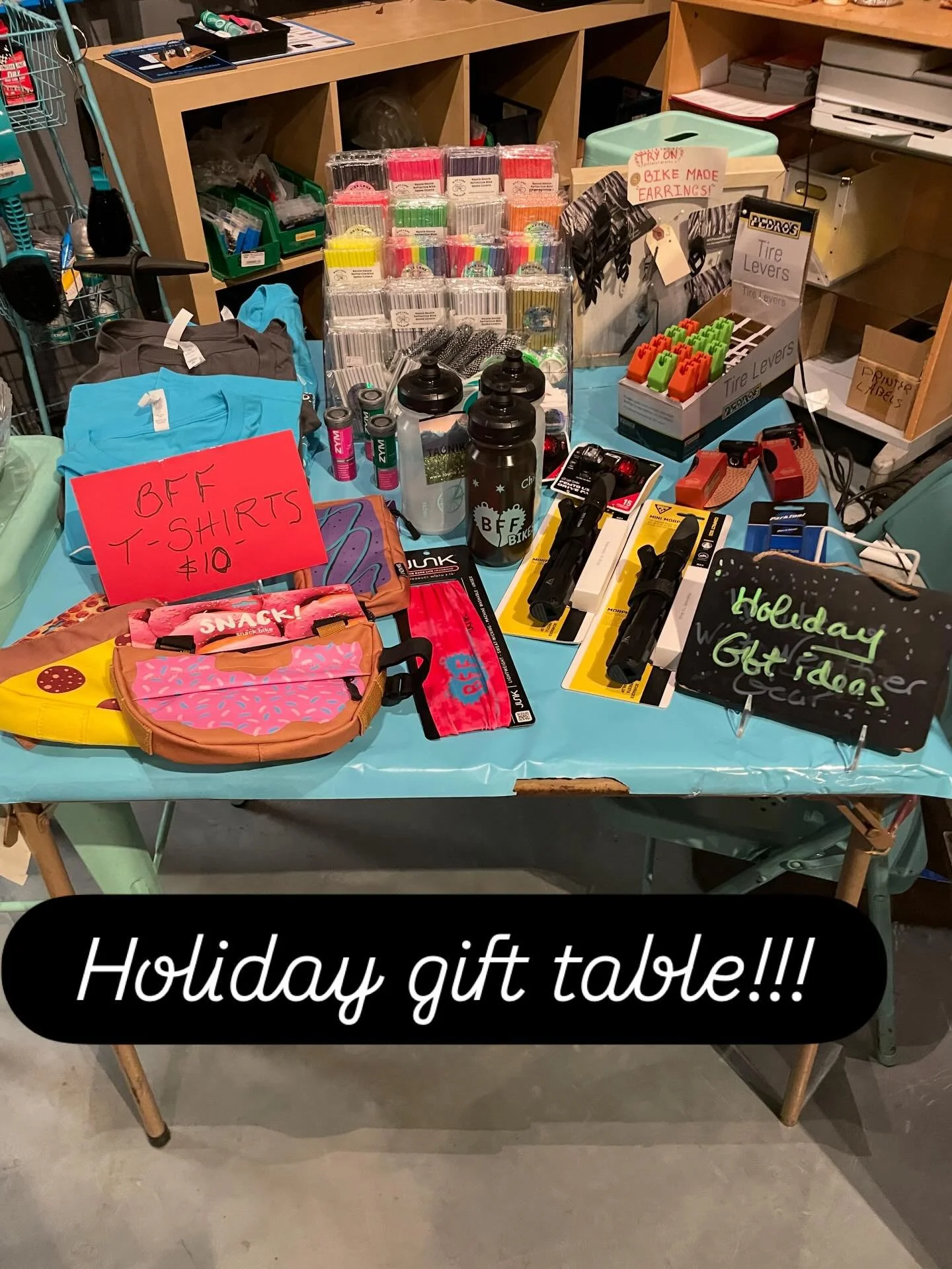 Come in and check out our holiday gift idea table!  Stuck on what to get the cyclist in your life? May we suggest:
 
Lights
Flat kit
A new lock 
A new helmet
An electric pump. 
Safety pizzas 🍕 
Pannier bag

Still not sure? how about a gift certifica