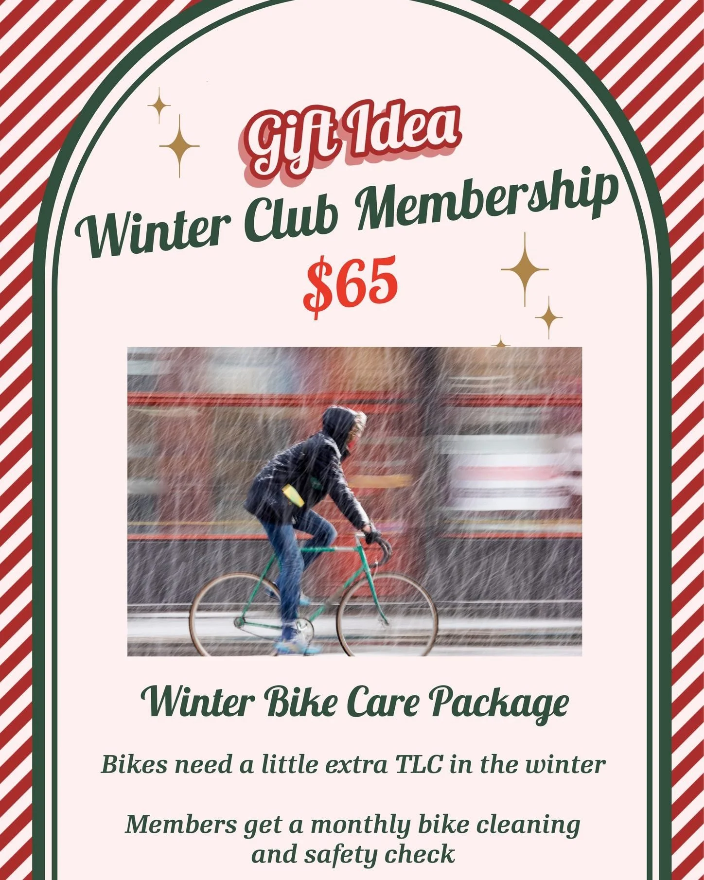 That's right for $65 we will TLC the hell out of yours or your loved ones bike so that come spring your bike bits and pieces will not know that they just went through the winter..! Poo poo those people who say cyclists don't ride all winter!  We got 