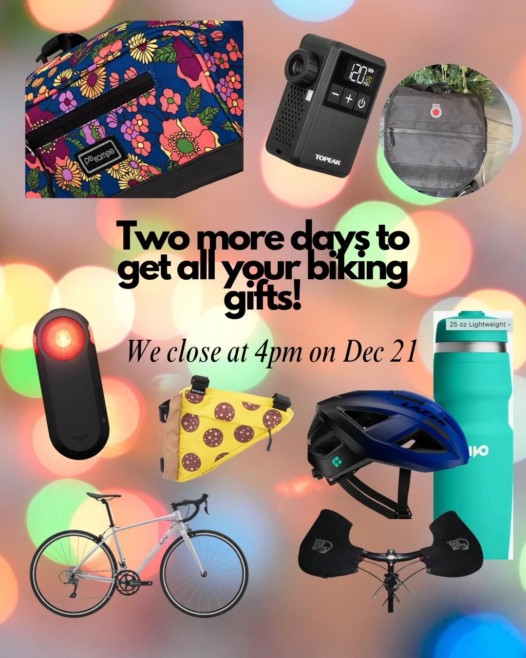 We stocked up on a lot of fun accessories for adults and kids!  We have strider bikes and bikes for all sized for your kids. we also have great gifts for the adult cyclist in your life.  We have Angela's deep dive mechanic class or still not sure?  W