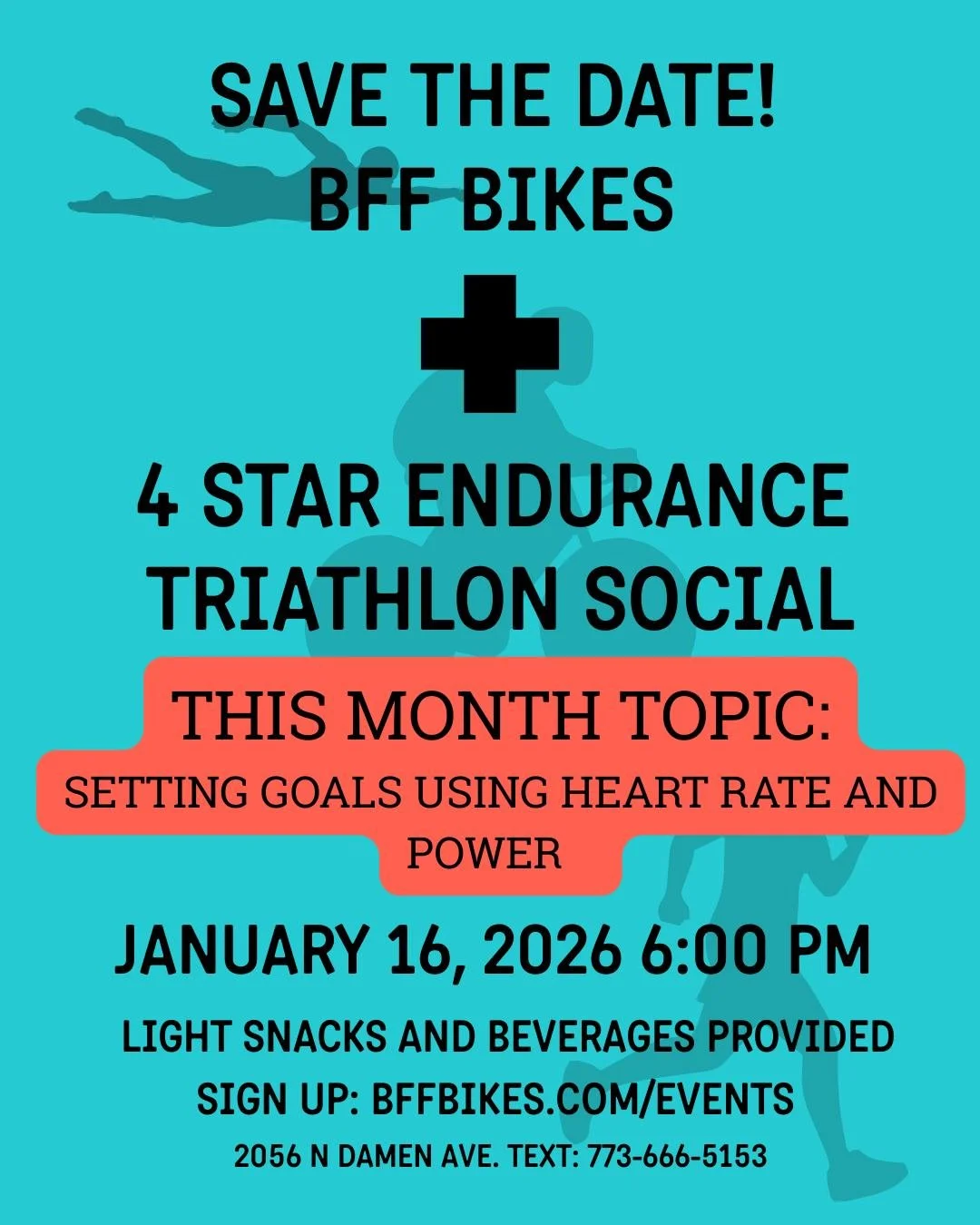 SAVE THE DATE! 🏊&zwj;♀️🚴&zwj;♂️🏃&zwj;♀️
BFF BIKES x 4 STAR ENDURANCE
TRIATHLON SOCIAL
📅 January 16, 2026
⏰ 6:00 PM
📍 BFF BIKES
Whether you&rsquo;re tri-curious, deep into training, or just love the community side of endurance sports&mdash;this o