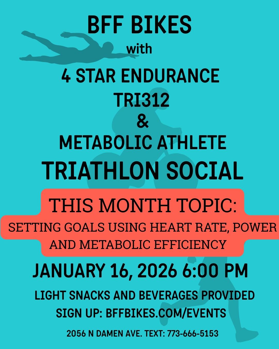JOIN US THIS FRIDAY FOR OUR FIRST SOCIAL OF THE YEAR.  COACH CHRIS FROM 4 STAR WILL BE TALKING ABOUT GOAL SETTING USING HEART RATE AND POWER AND WILL BE DISCUSSING METABOLIC TESTING! #ChicagoCycling #WomenOwnedBikeShop #TriathlonSocial #4StarEnduranc