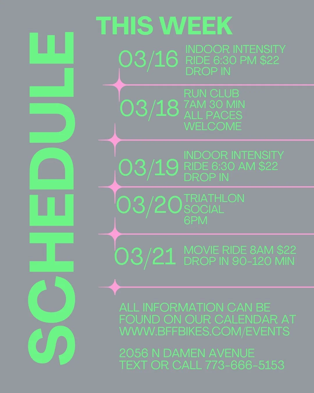 ✨ Indoor training Monday, Thursday and Sunday
✨ Join us for our run club on Wednesday morning!
✨ Our March triathlon social this Friday!
✨ Come in now to get your bikes serviced before the start of our 3rd spring.
🔧 Service &bull; 🚴&zwj;♀️ Rides &b