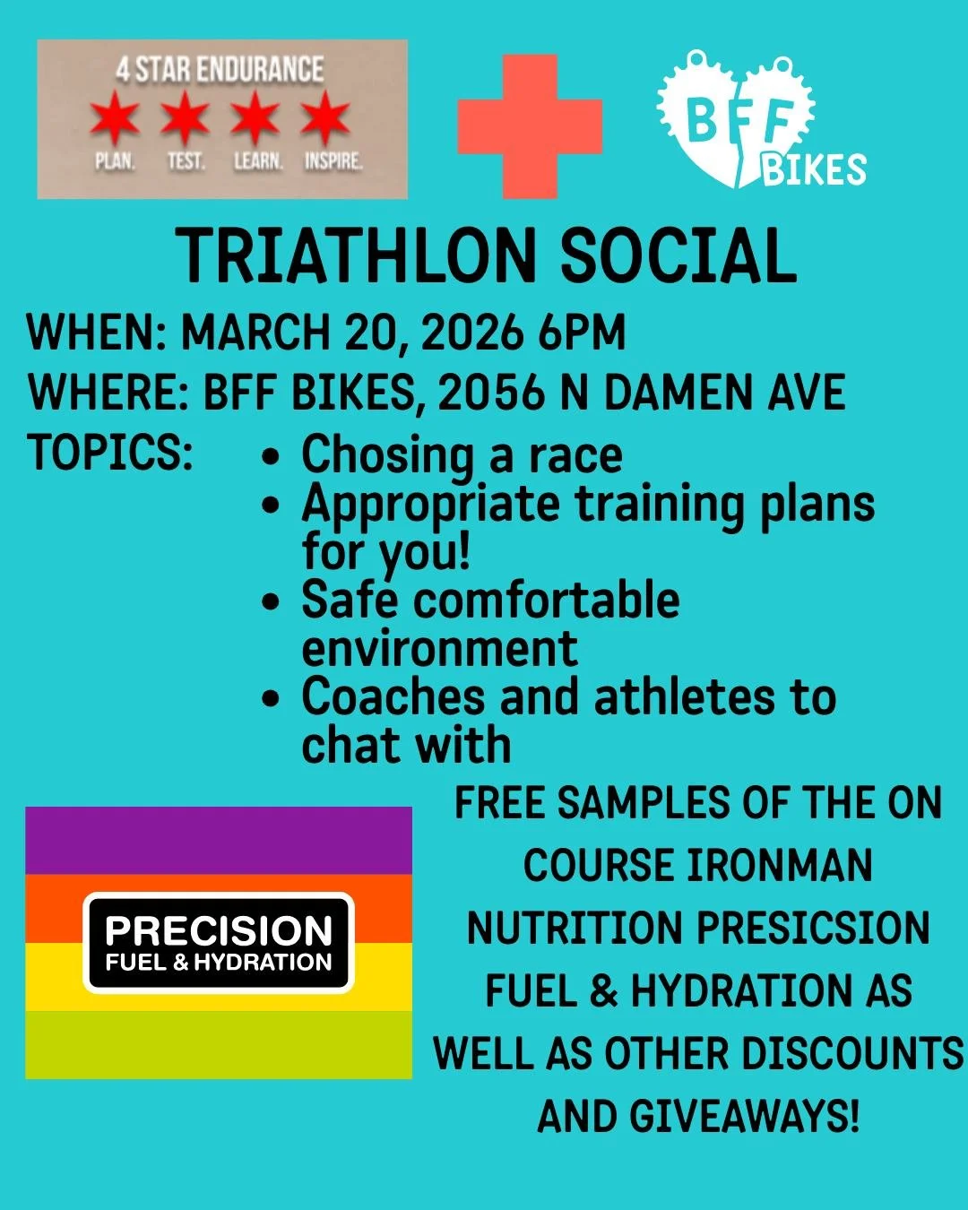 Beginner friendly social where we talk about triathlons and you can meet friends and coaches alike!👭👬
We will be discussing choosing a race as well as a training plan.📅
We will have coaches and athletes as well as super tri chicago triathlon staff