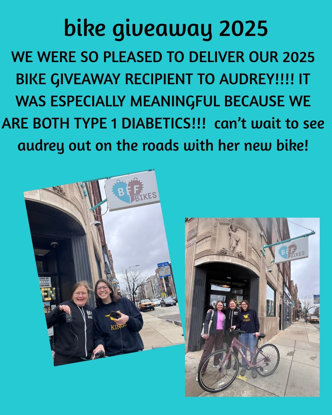 I was so happy that we chose fellow diabetic Audrey as the recipient of our annual bike giveaway.  Can't wait to see her out on some of our rides!!

 #breakthrought1d #shopsmallbusiness #womenownedbusiness #BikeFriendsForever 

@breakthrought1d