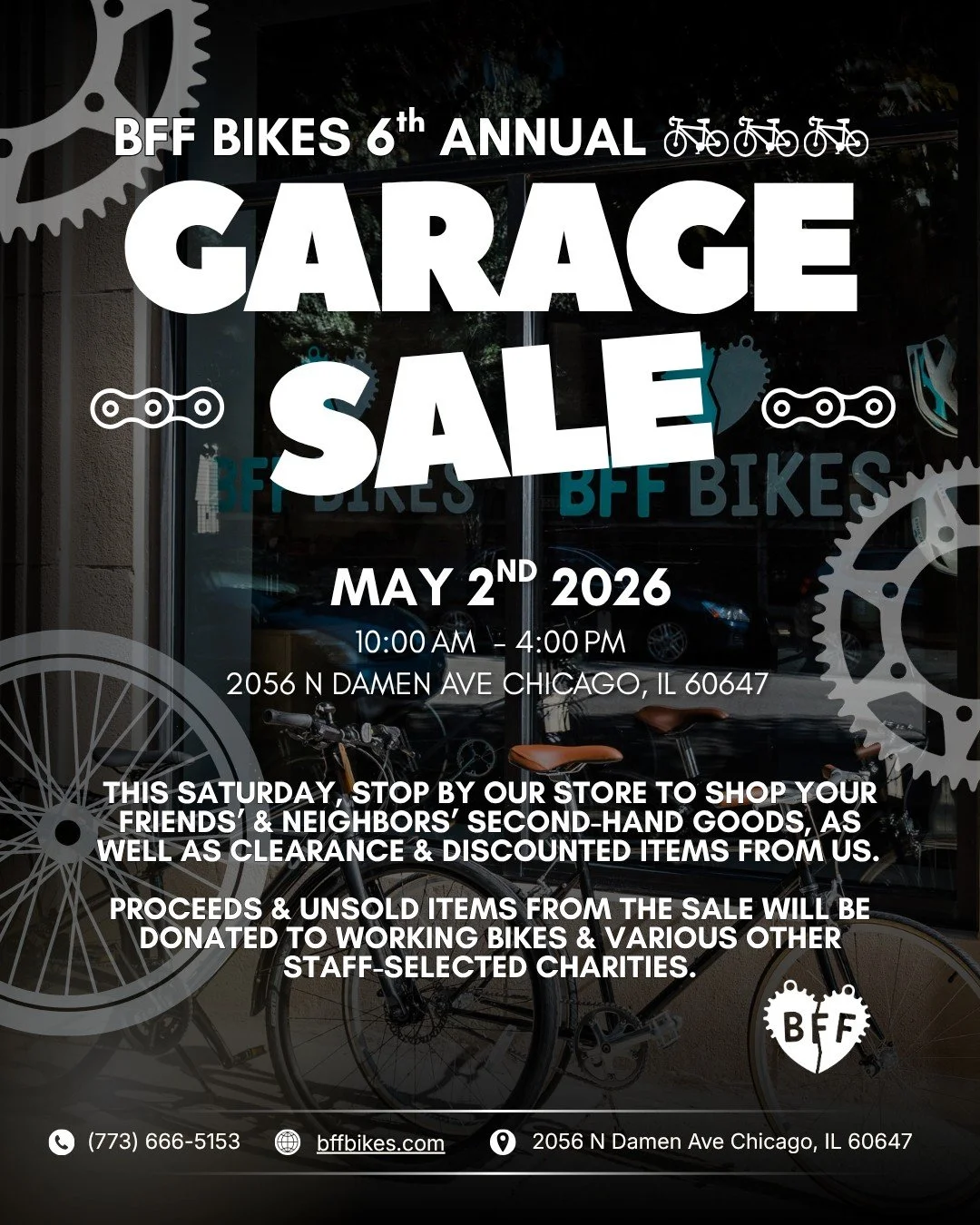 BFF Bikes 6th annual garage sale is this Saturday, May 2nd!!!
C'mon by from 10am-4pm to buy, sell and donate all things bikes!

#ChicagoCycling #BikeCommunity #garagesale #bikeshop #bikes