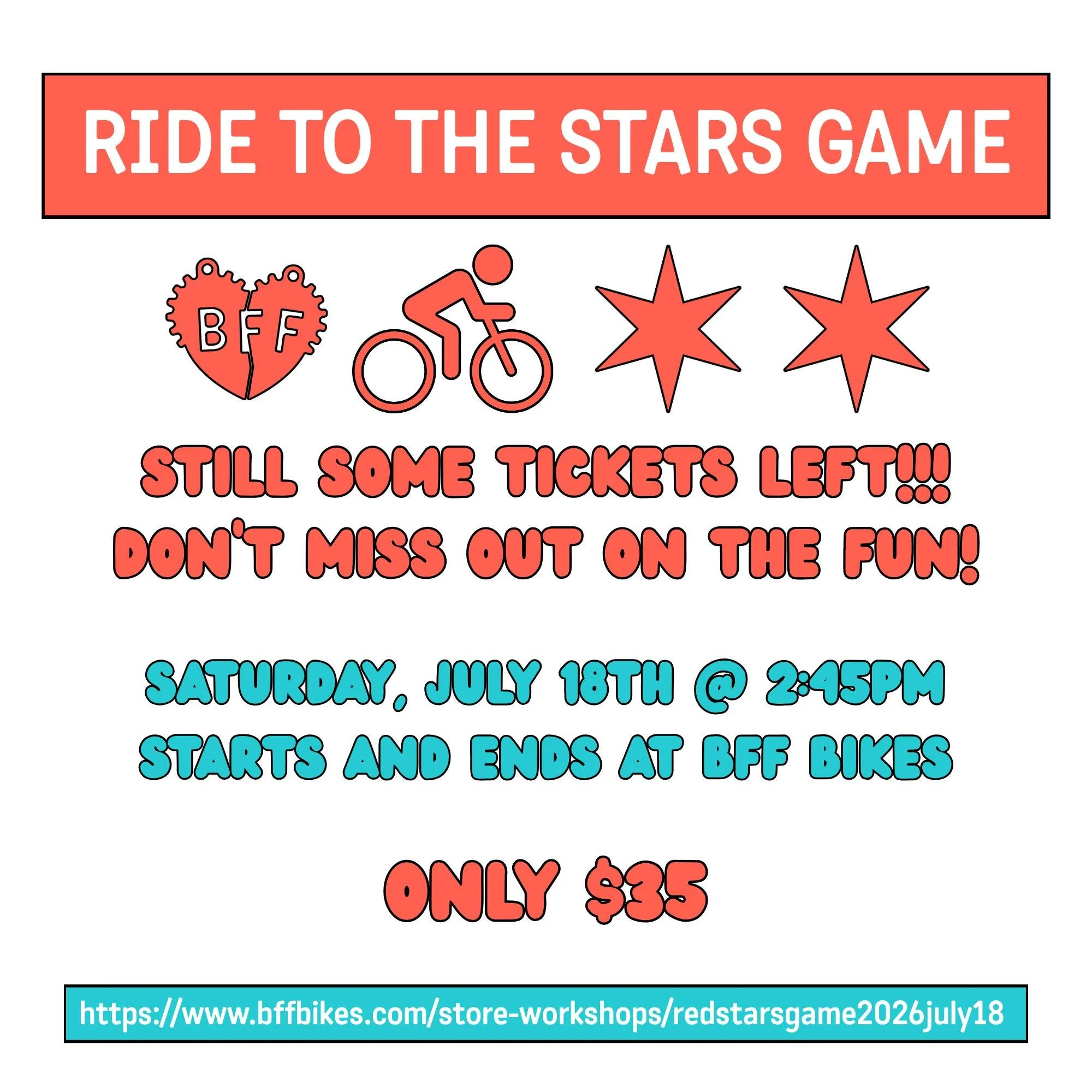 There are still some tickets left! Join us on Saturday, July 18th as we ride from BFF Bikes, out to the soccer game, and back! 
It's a ton of fun and a great way to spend a Saturday afternoon/evening.

You can find tickets and more info at https://ww