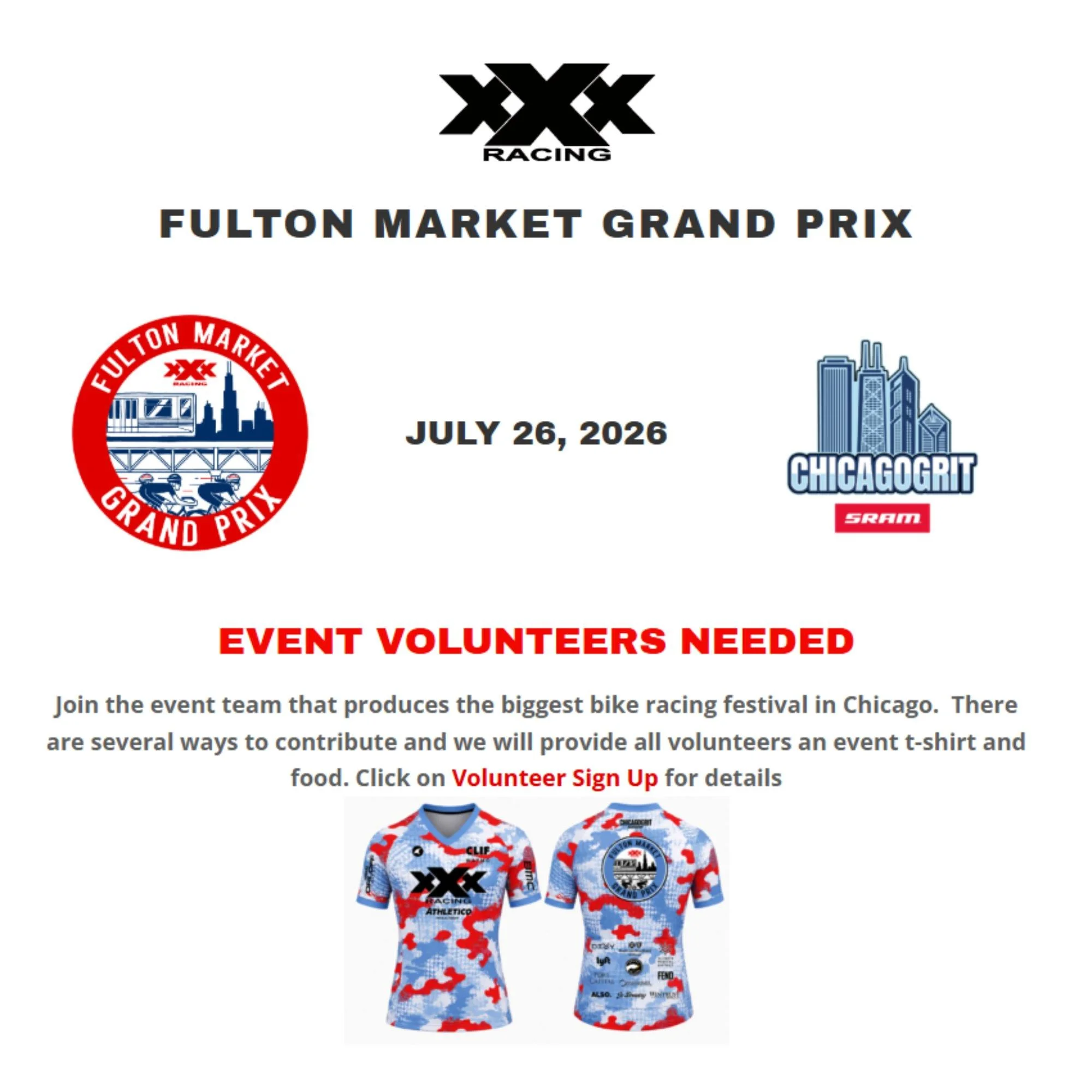 The Fulton Market Grand Prix is nearly here!

The team is looking for more volunteers to help put on the Midwest's biggest bike racing event. 

If you're a race fan or just interested in supporting the Chicago bike community, visit the link below for