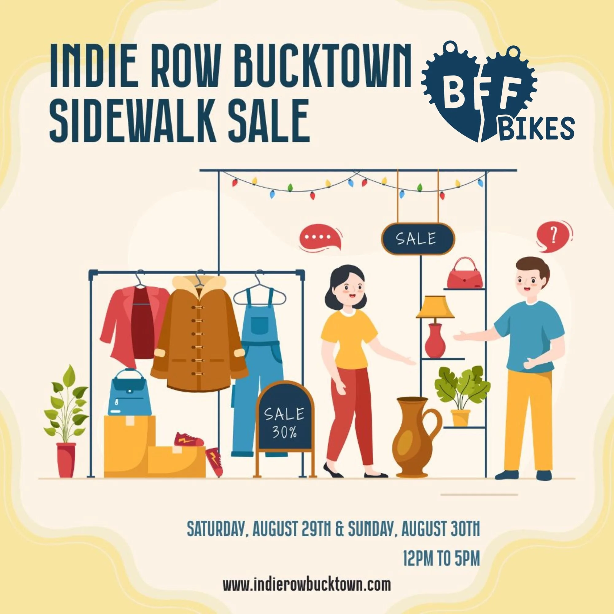 Indie Row Bucktown Sidewalk Sale is happening Saturday, August 29th and Sunday, August 30th from 12pm-5pm. 

Stop by BFF Bikes for specially discounted items!

Visit www.indierowbucktown.com for more info!
