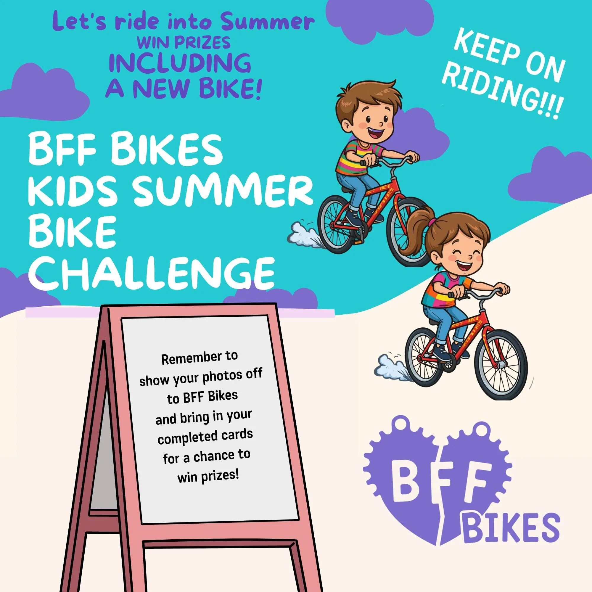 The BFF Bikes Kids Summer Bike Challenge is still going strong!
Remember to take photos and bring completed cards into the shop to win prizes before heading back to school!