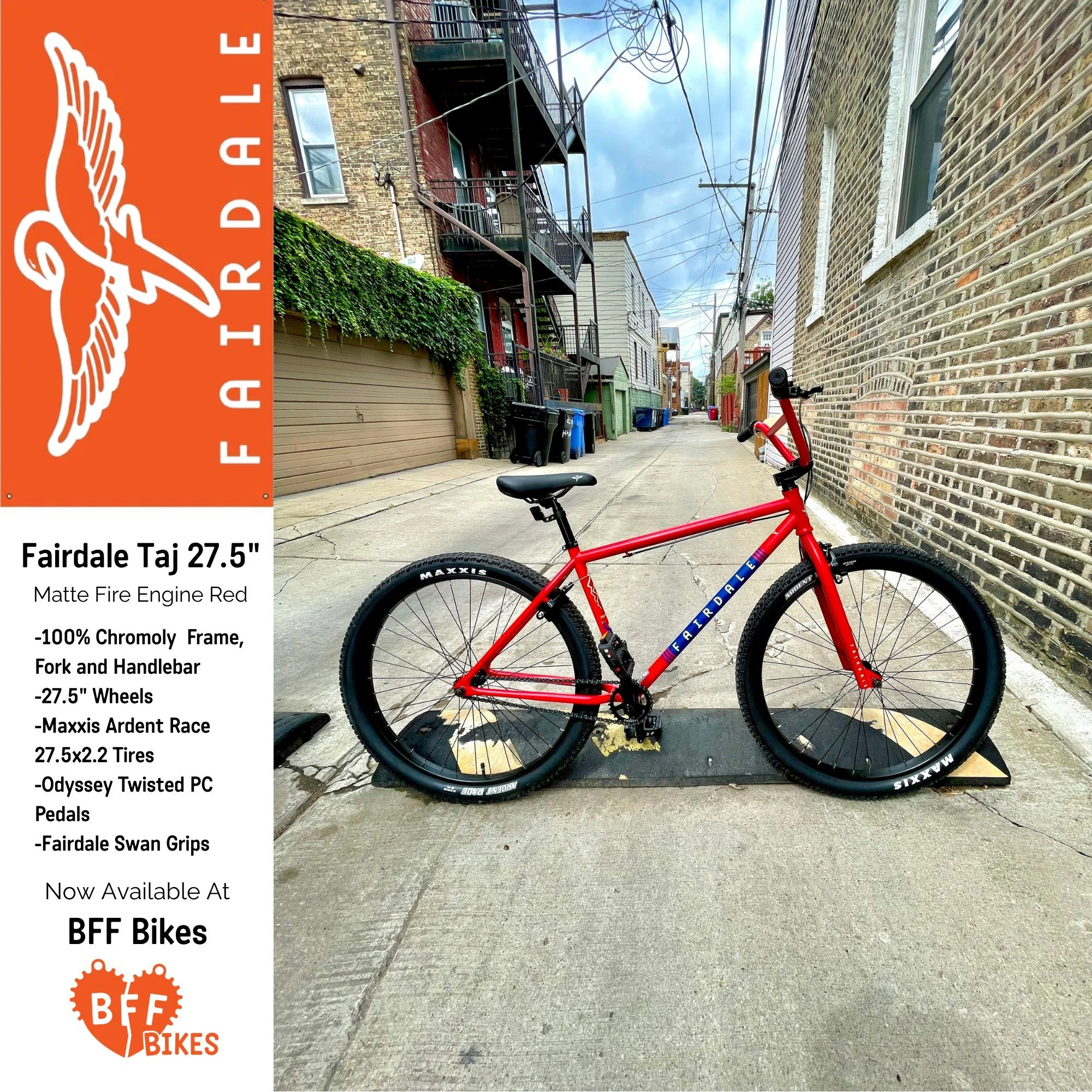 BFF Bikes now stocks Fairdale!
Check out the new Taj 27.5"
A city ready BMX style bike in a eye-catching fire engine red.

@fairdalebikes