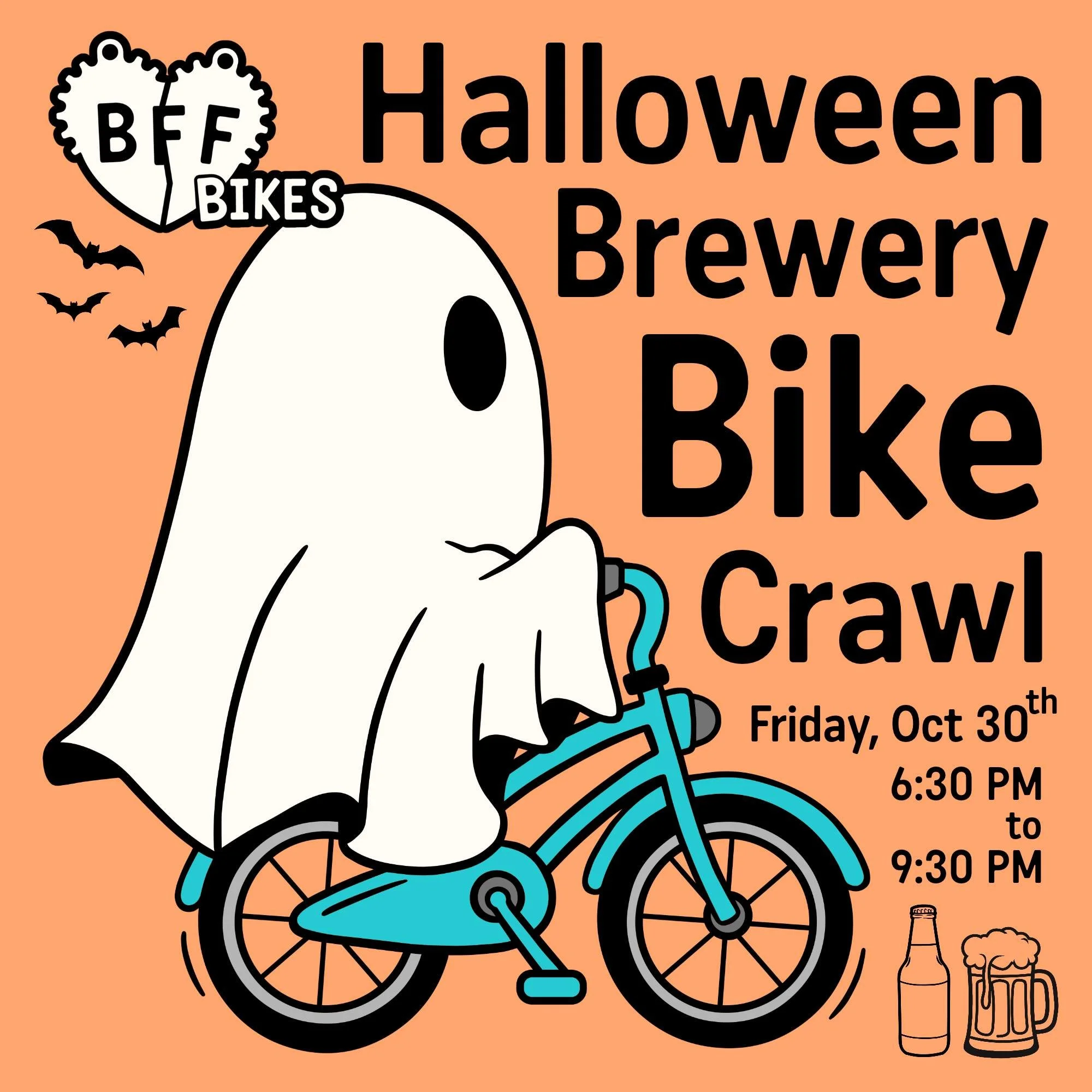 Join us for a very spooky Halloween brewery bike crawl on Friday, October 30th!
Ride starts @bffbikes at 6:30pm

Don your favorite Halloween costume&hellip; or just come as you are!  We&rsquo;ll ride to some local breweries. Bring your helmet and lig