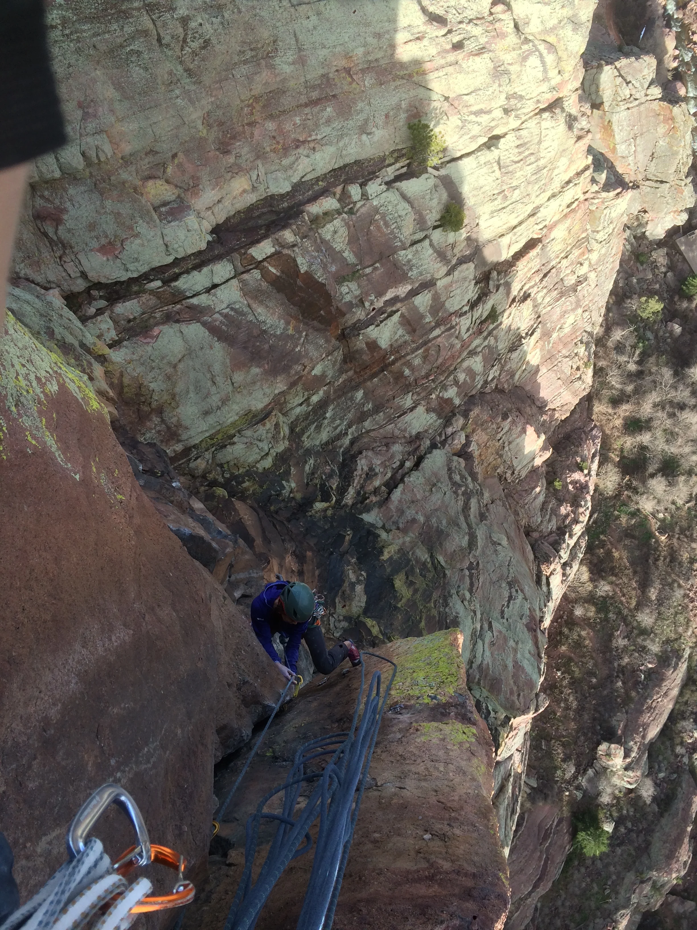 Copy of Looking down at the final 5.11 pitch leading to the finish
