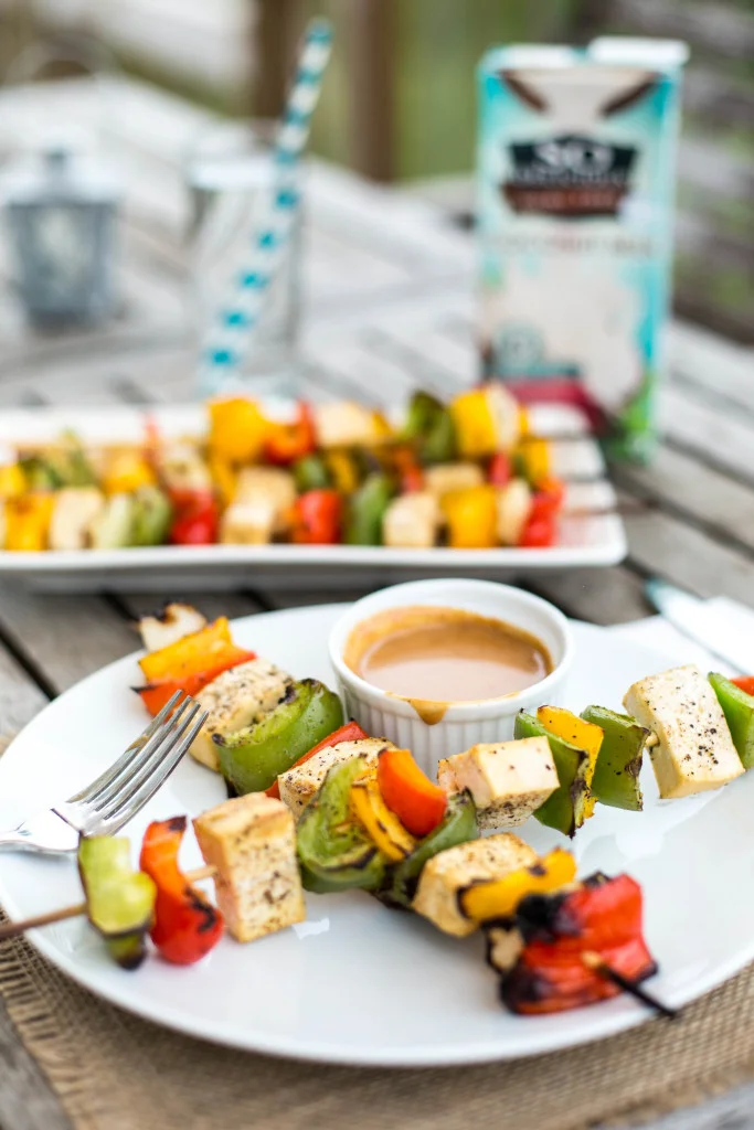 Grilled Tofu Veggie Skewers with Peanut Sauce