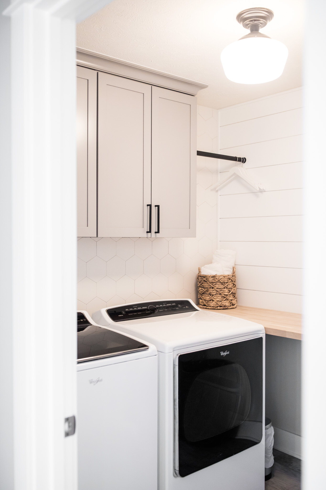 Modern Farmhouse Laundry Room Renovation | Hexagon Tile | Shaker Cabinets | Butcher Block | Light &amp; Airy Laundry | Small Laundry Room Ideas