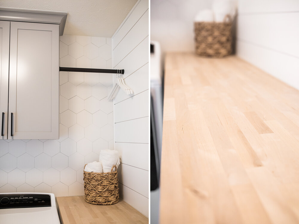 Modern Farmhouse Laundry Room Renovation | Hexagon Tile | Shaker Cabinets | Butcher Block | Light &amp; Airy Laundry | Small Laundry Room Ideas