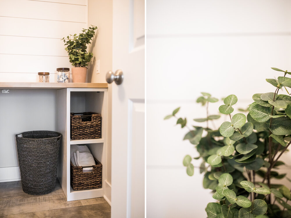 Modern Farmhouse Laundry Room Renovation | Hexagon Tile | Shaker Cabinets | Butcher Block | Light &amp; Airy Laundry | Small Laundry Room Ideas