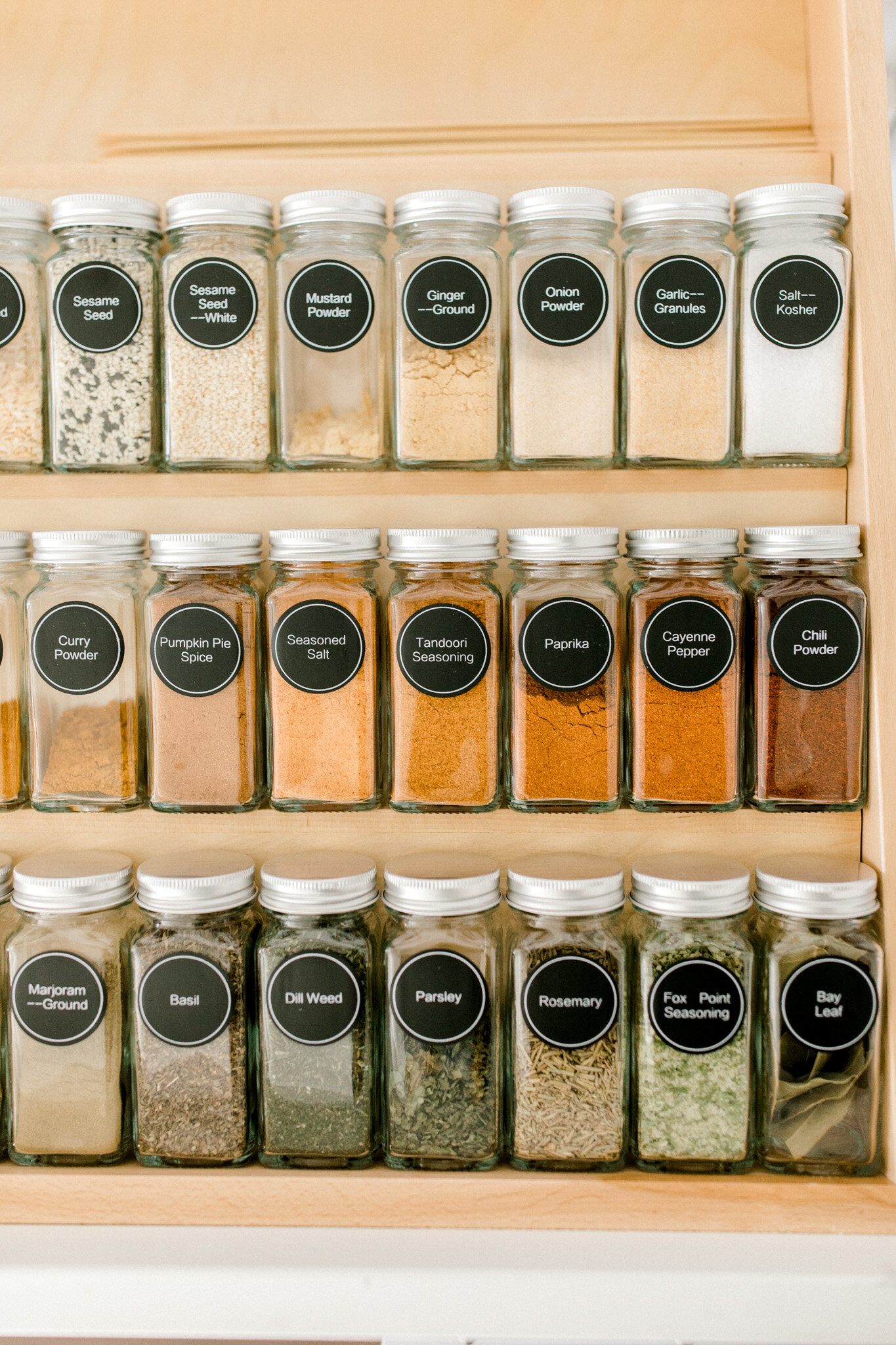 Spice Drawer Organization with Clear Glass Jars and Labels | Minimalist Organization
