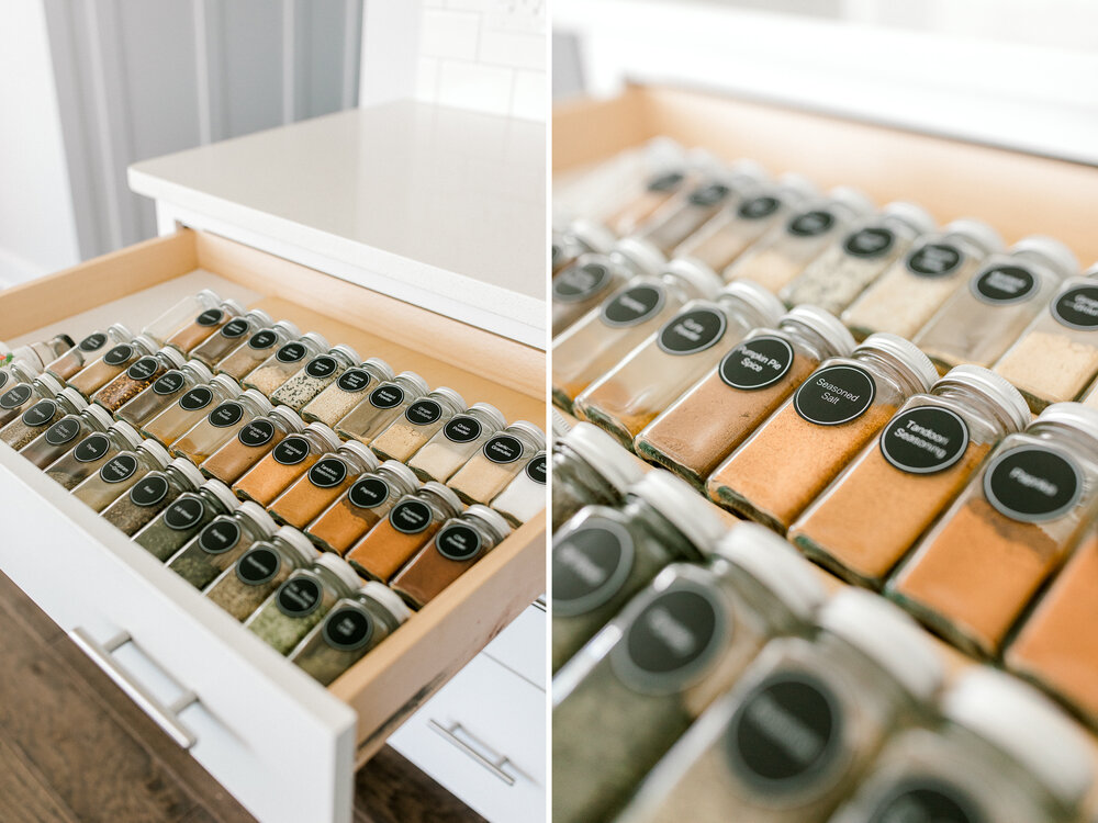 Spice Drawer Organization with Clear Glass Jars and Labels | Minimalist Organization