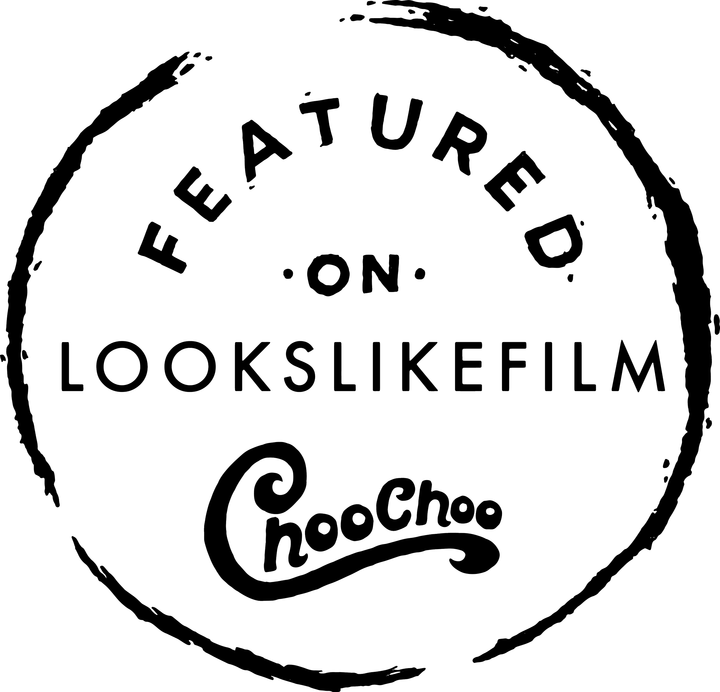 A round black logo with text that reads 'FEATURED ON LOOKSLIKEFIRM ChooChoo' in white outline.