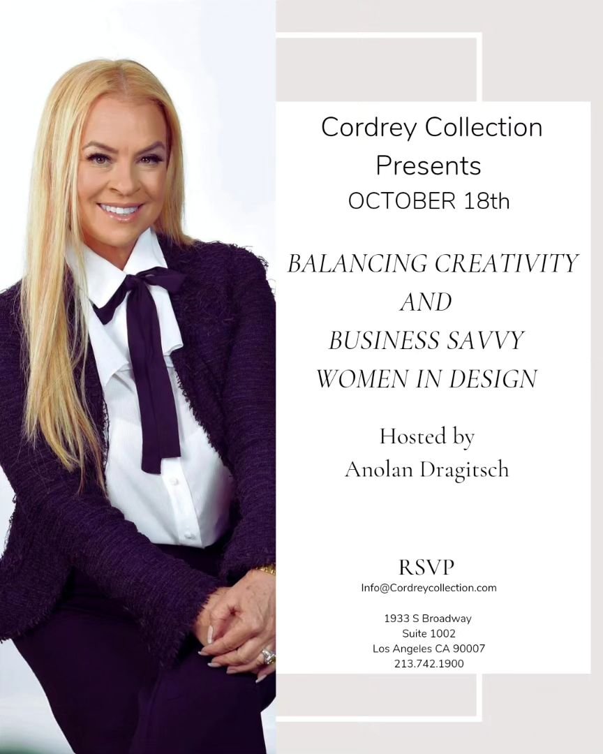 Cordrey Collection presents a women in business and design seminar this October 18th. Here at our showroom.

Join us for an incredible experience. Hosted by @anolanluxeworld 😍✨️

Rsvp today-

Info@cordreycollection.com 

Or call

213.742.1900