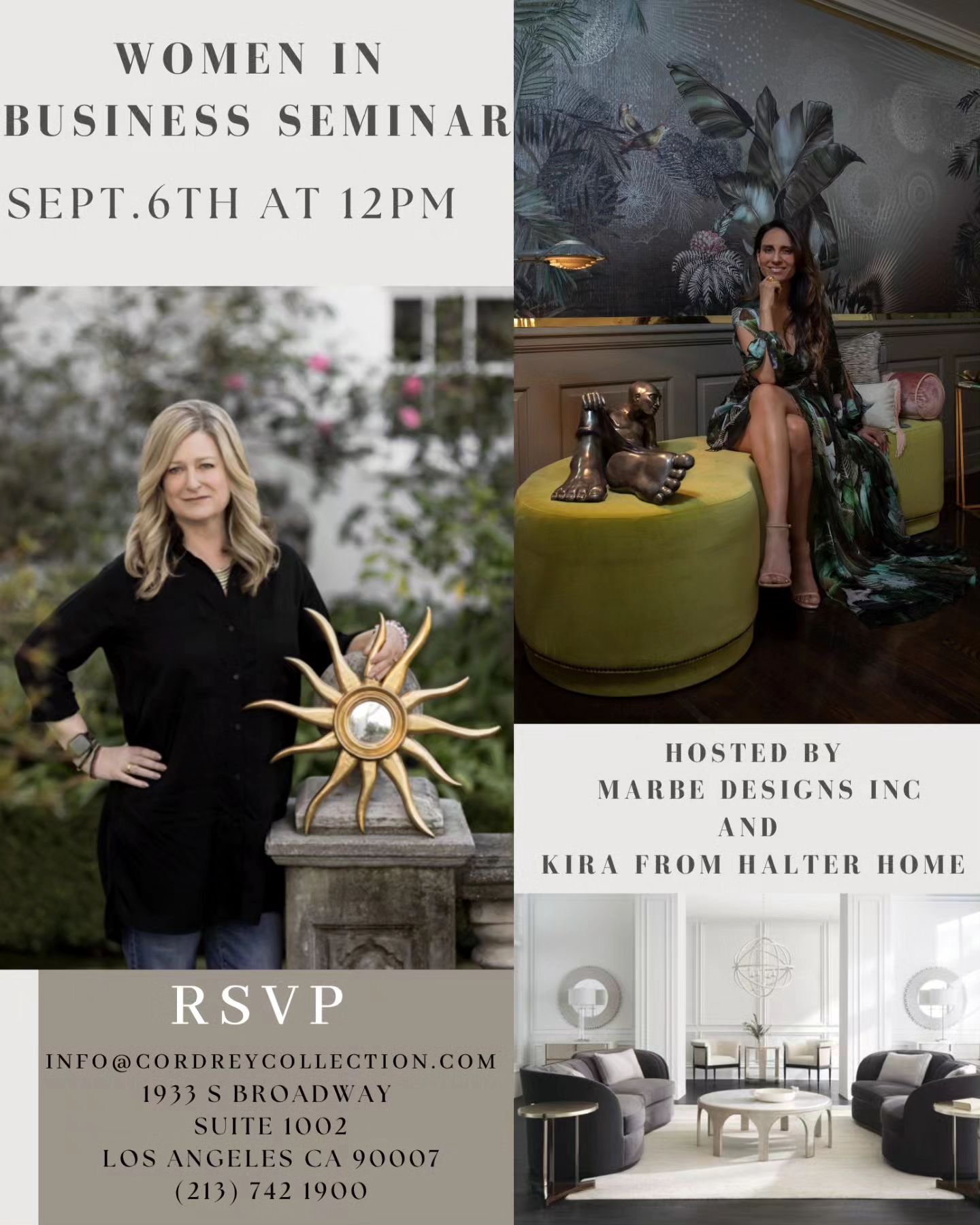 Hello 👋  We are excited to announce we will be hosting a seminar here at our Cordrey Collection Showroom  on September 6th, 2023 at 12:00 PM with 2 Design Industry Professionals:  Marb&eacute; Design Inc &amp; Kira from Halter Home.
 
Their presenta