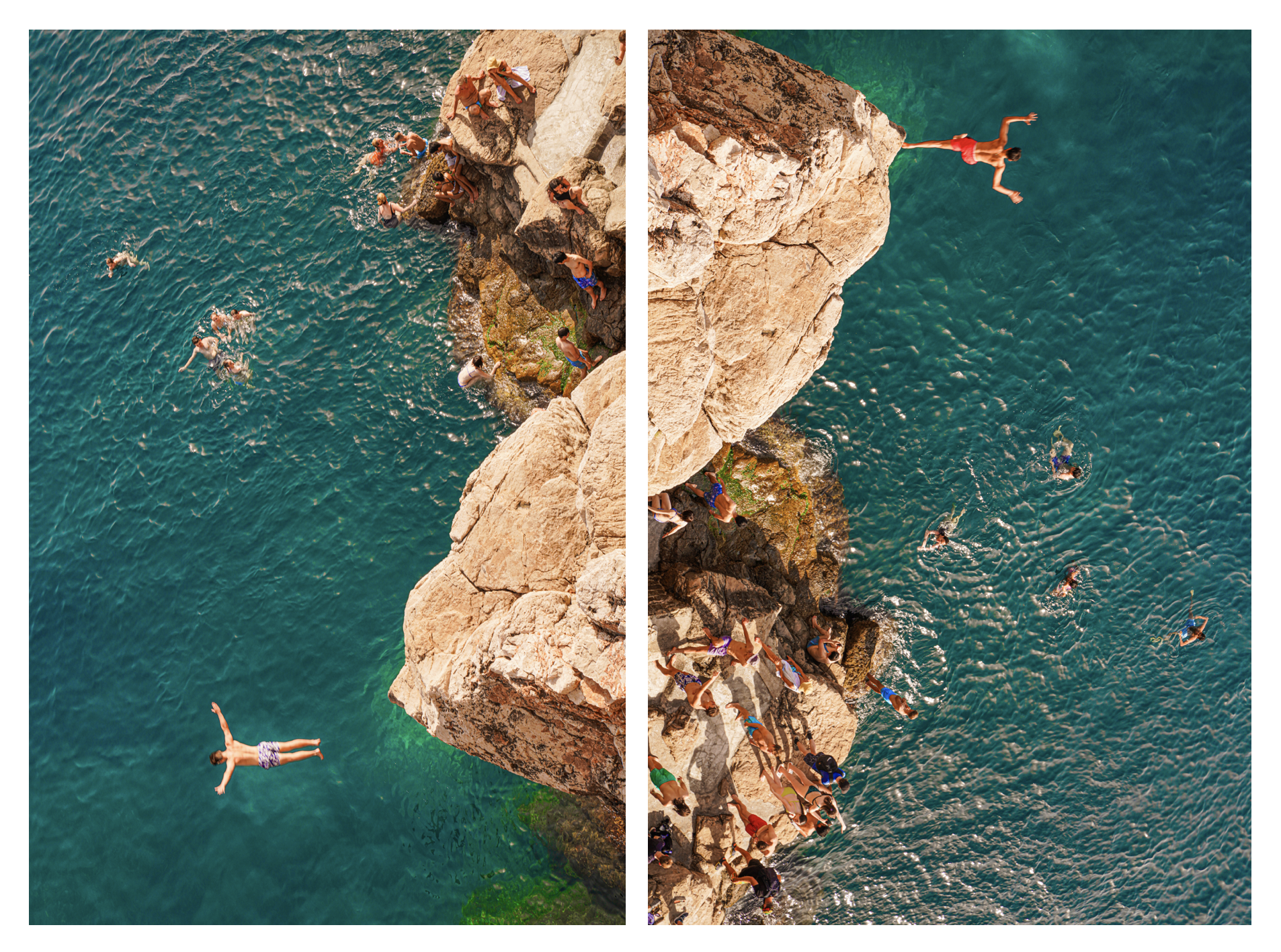Split view of people jumping off rocky cliffs into the ocean.