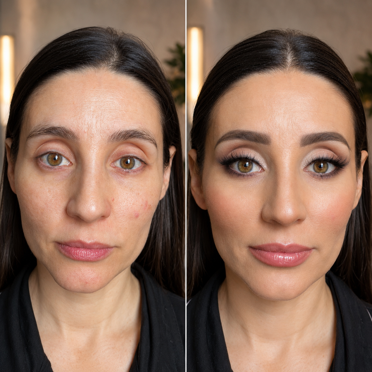 Bridal makeup before and after transformation by NYC makeup artist Daniela Lai