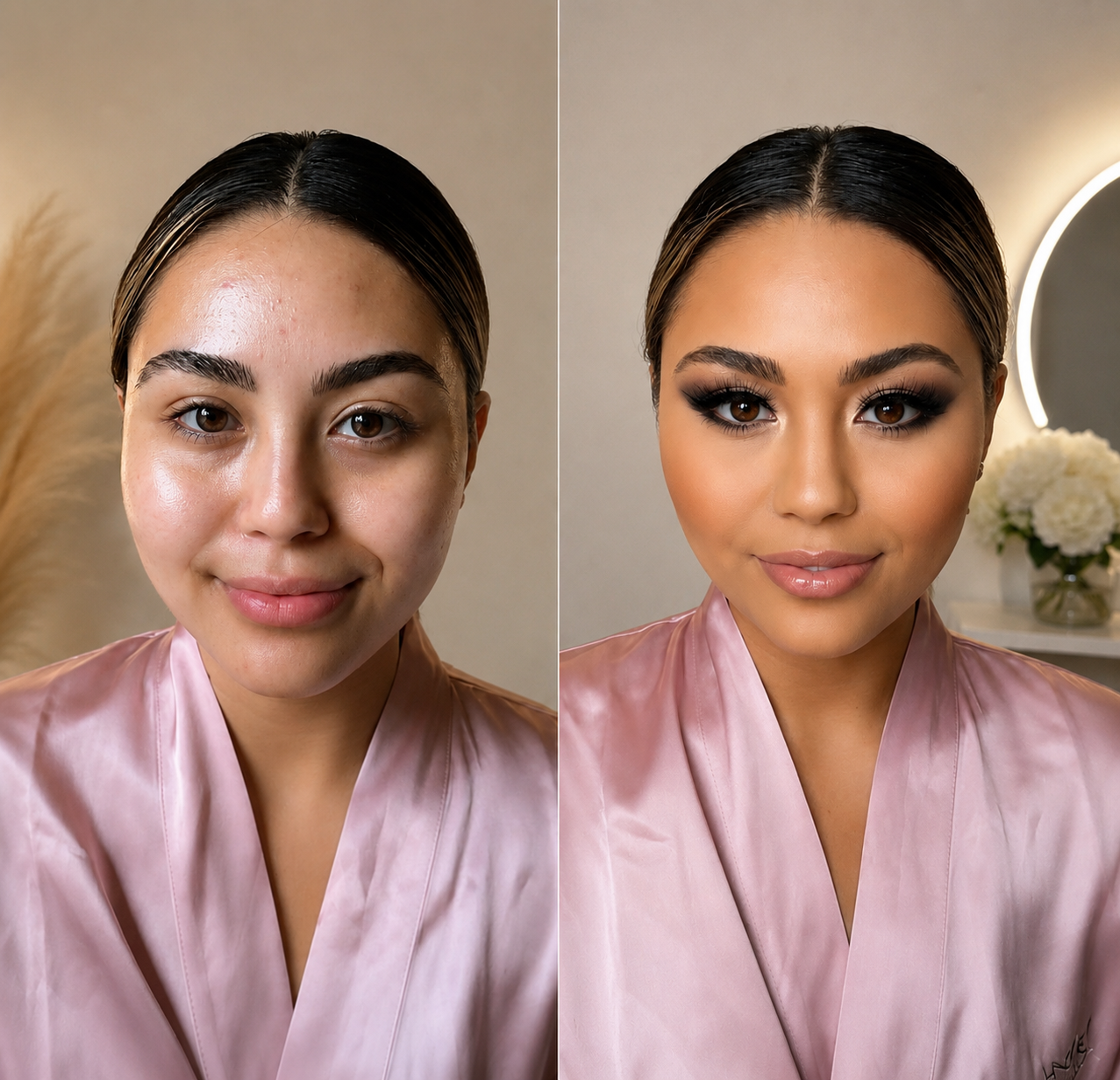 Bridal makeup before and after transformation by NYC makeup artist Daniela Lai