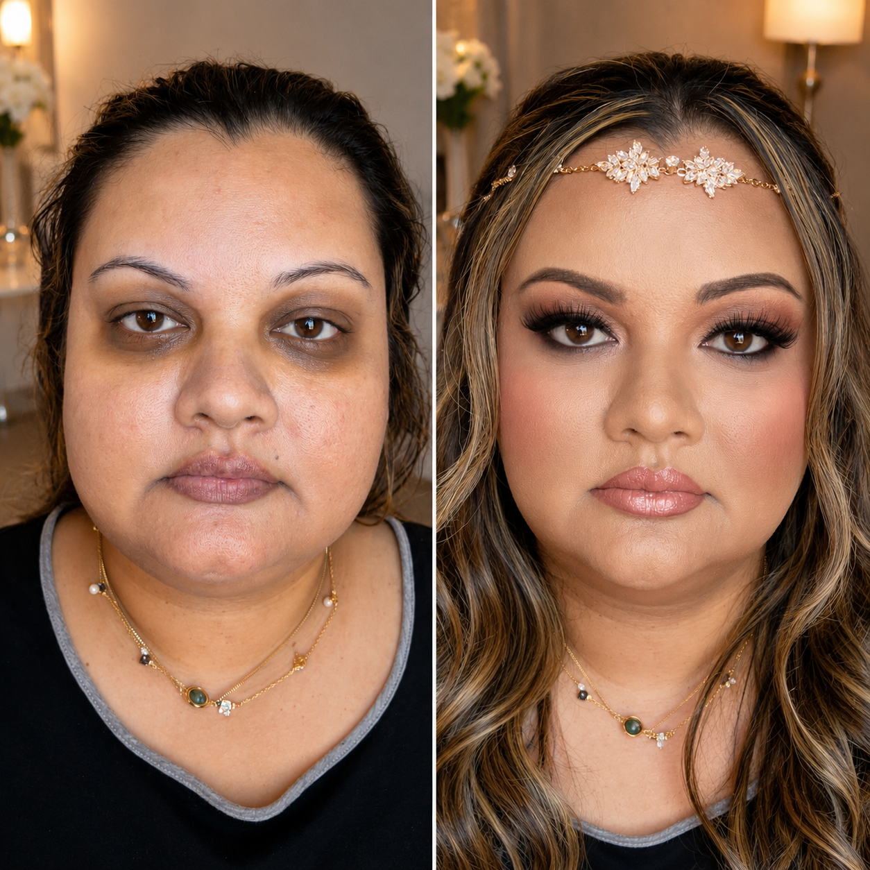 Bridal makeup before and after transformation by NYC makeup artist Daniela Lai