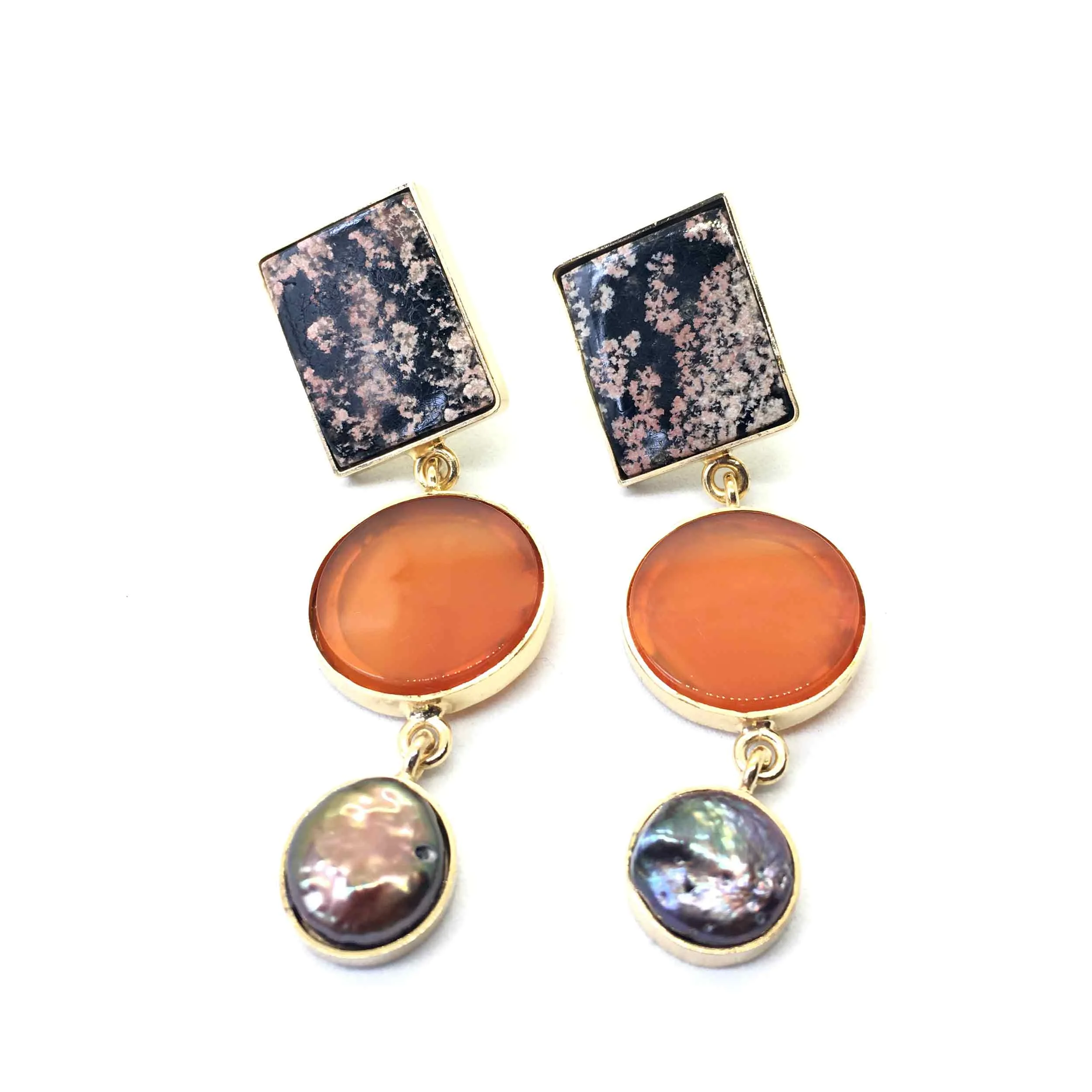 3 Stones Pink Marble Earring - unique
