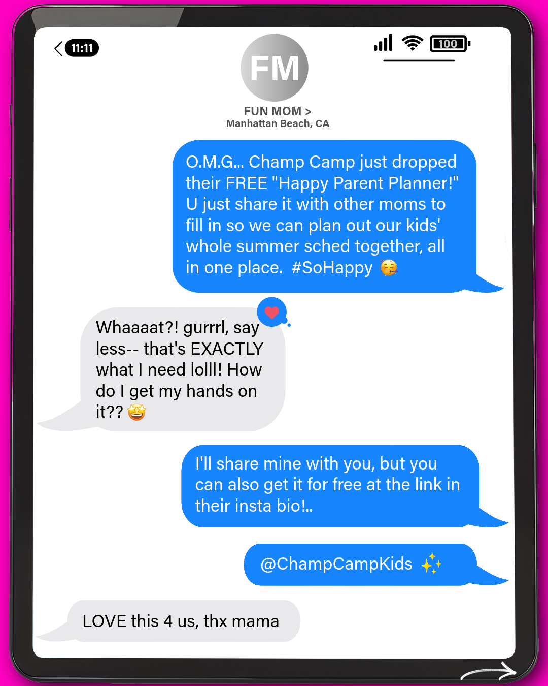 screen shot of moms texting about champ camp's free parent planner tool